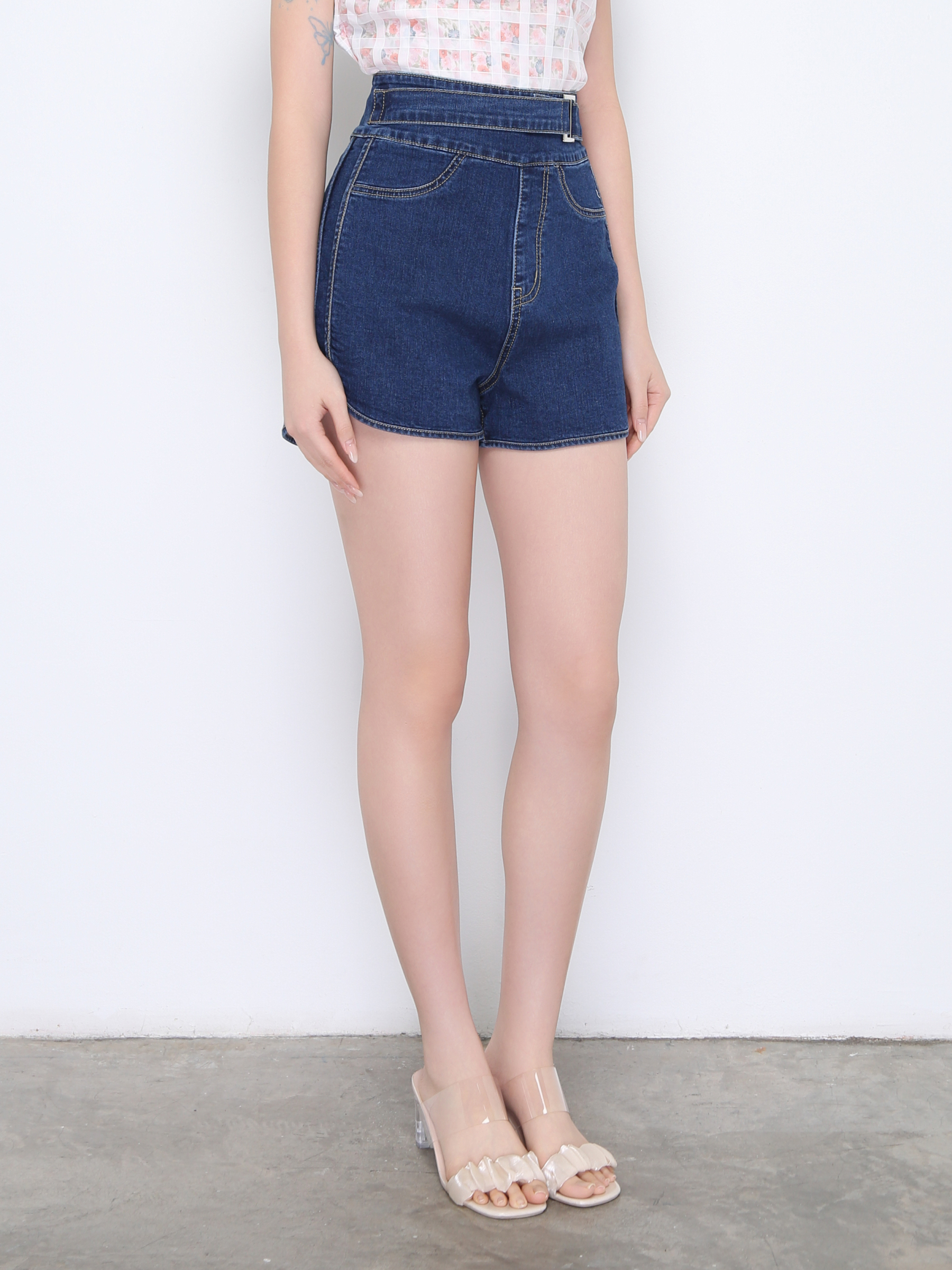 High Waist Denim Decorative Belt Short Pants 22301