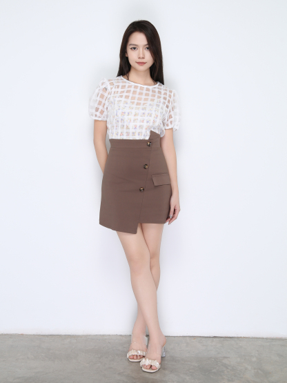 Puff Sleeve Checker With Floral Top 22420