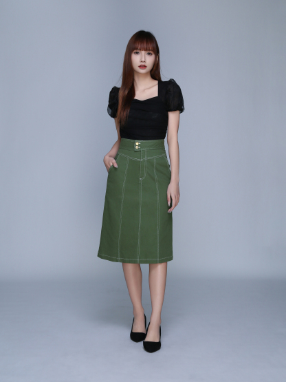 High Waist Side Pocket Line Long Skirt 22447