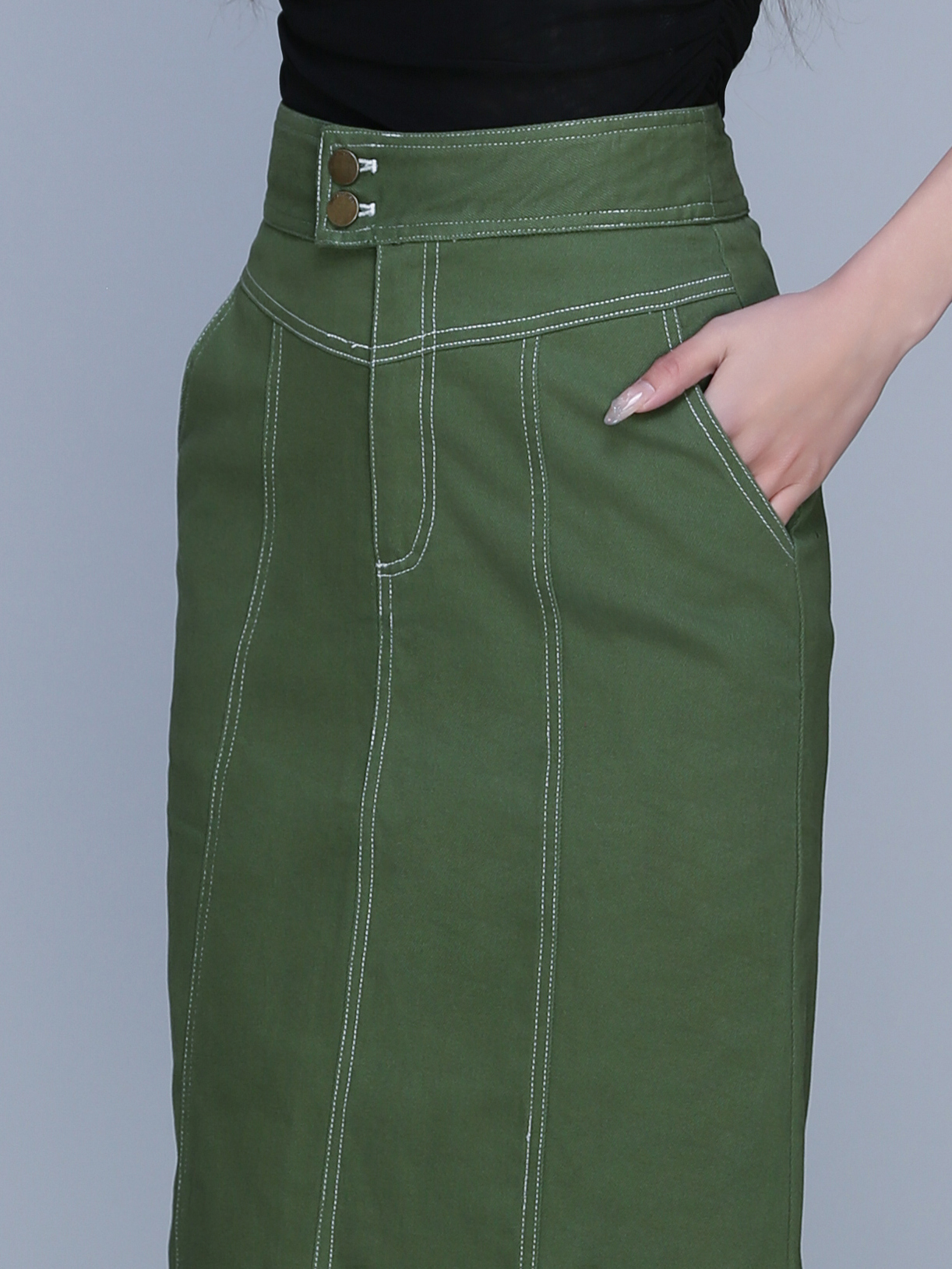 High Waist Side Pocket Line Long Skirt 22447