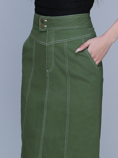 High Waist Side Pocket Line Long Skirt 22447