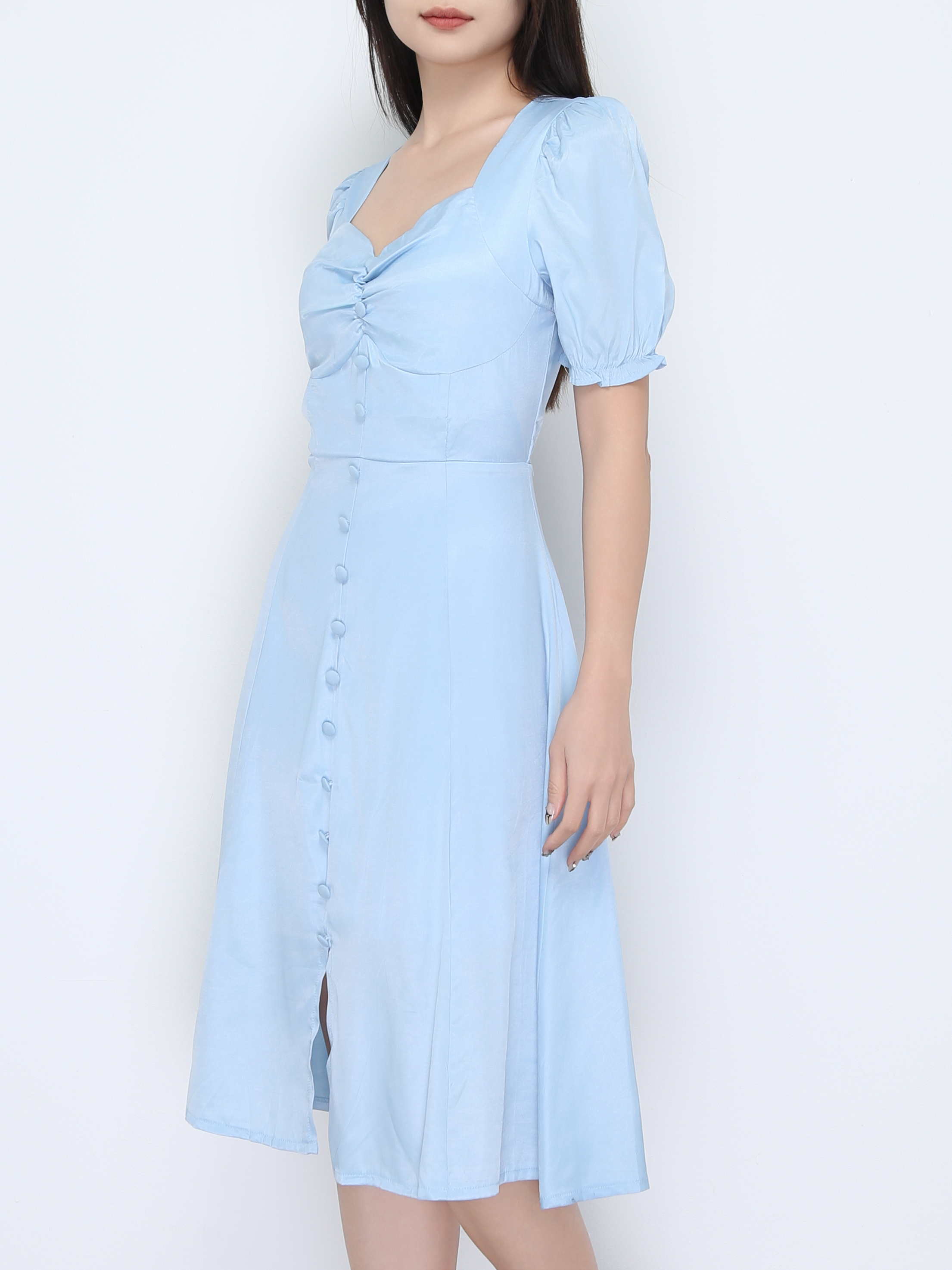 Sweetheart Neckline Pleated With Decorative Button Dress 22453