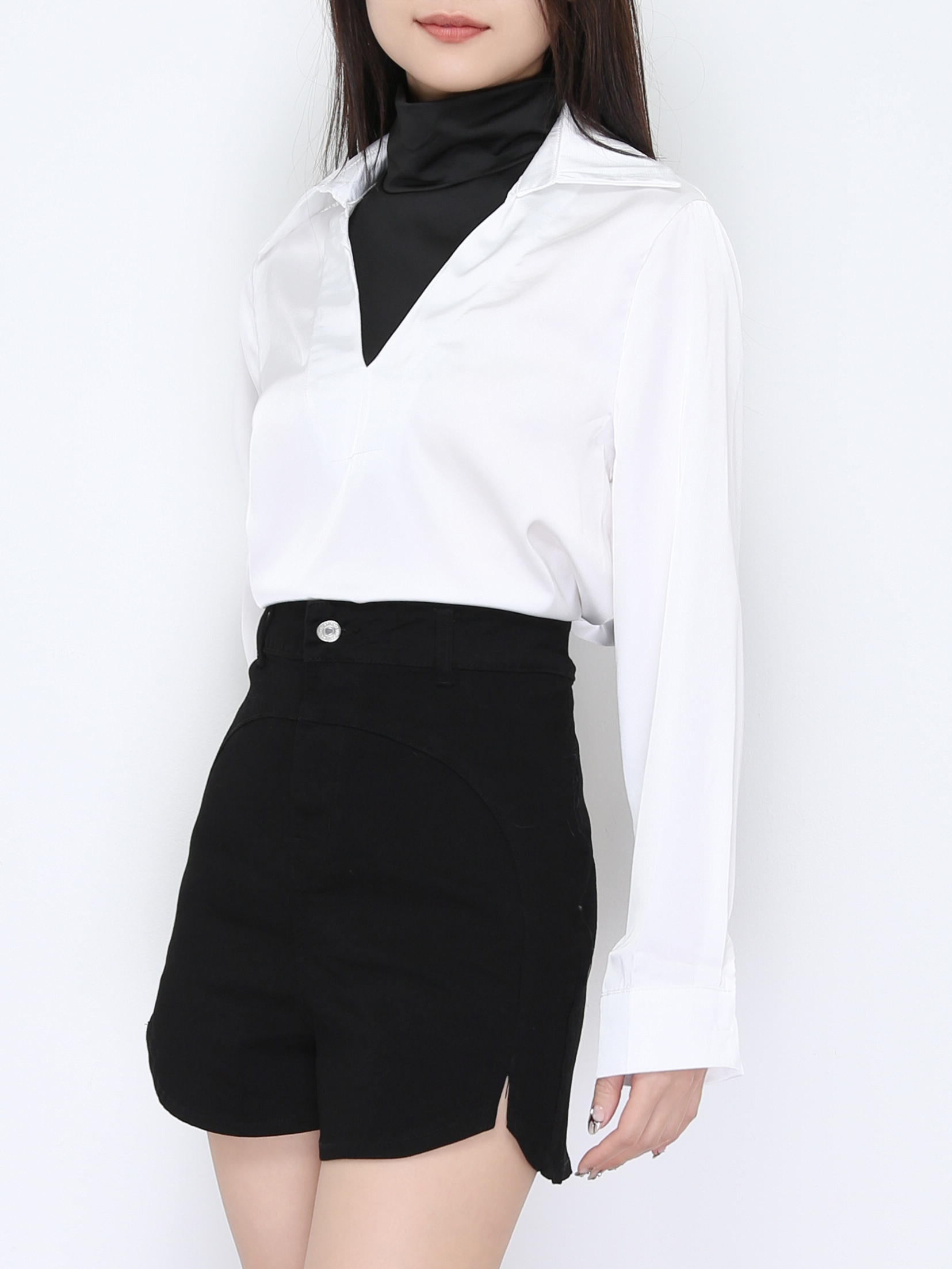 Fake Two Piece Collar V Neck Long Sleeve Top 22457