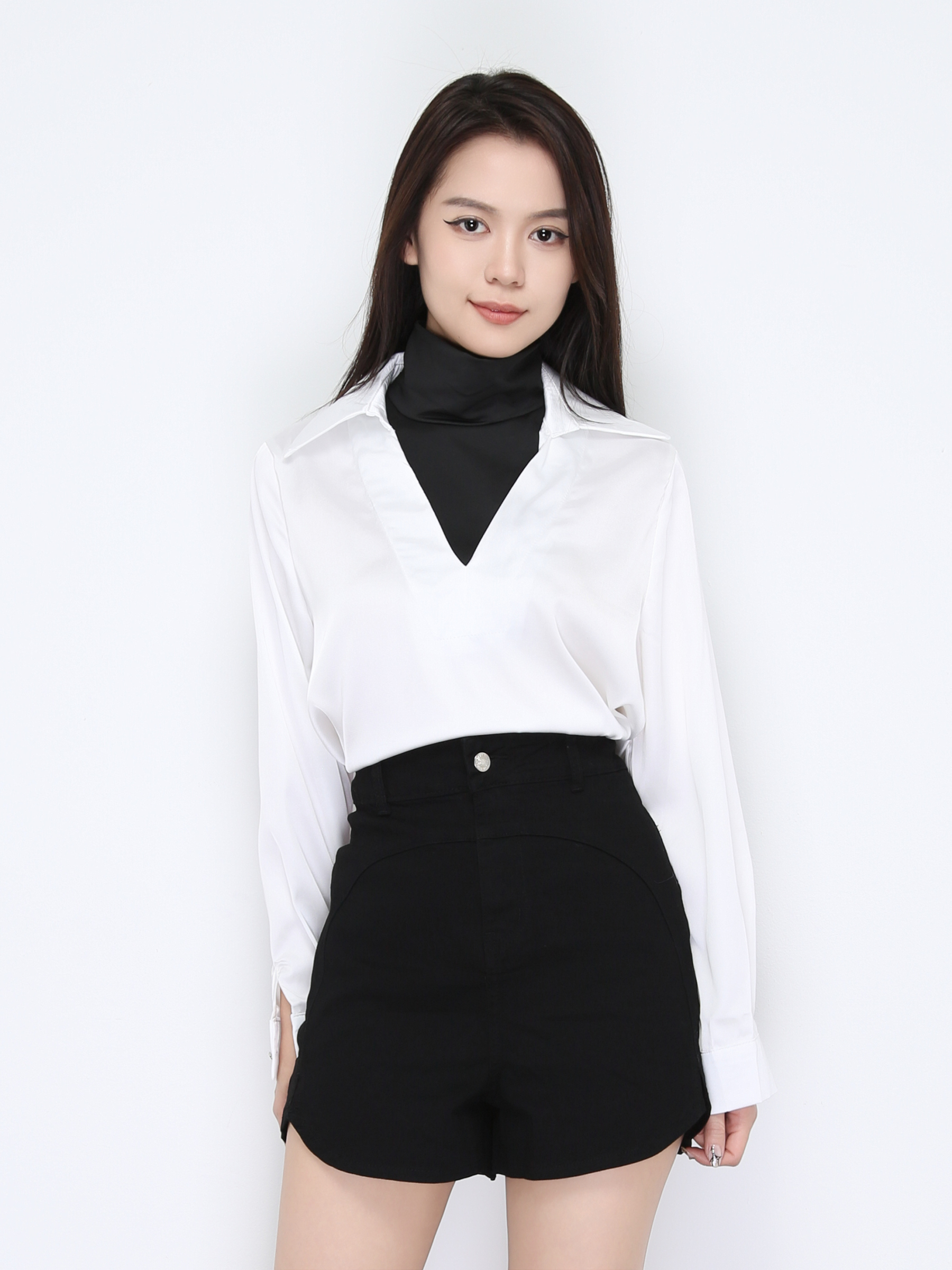Fake Two Piece Collar V Neck Long Sleeve Top 22457
