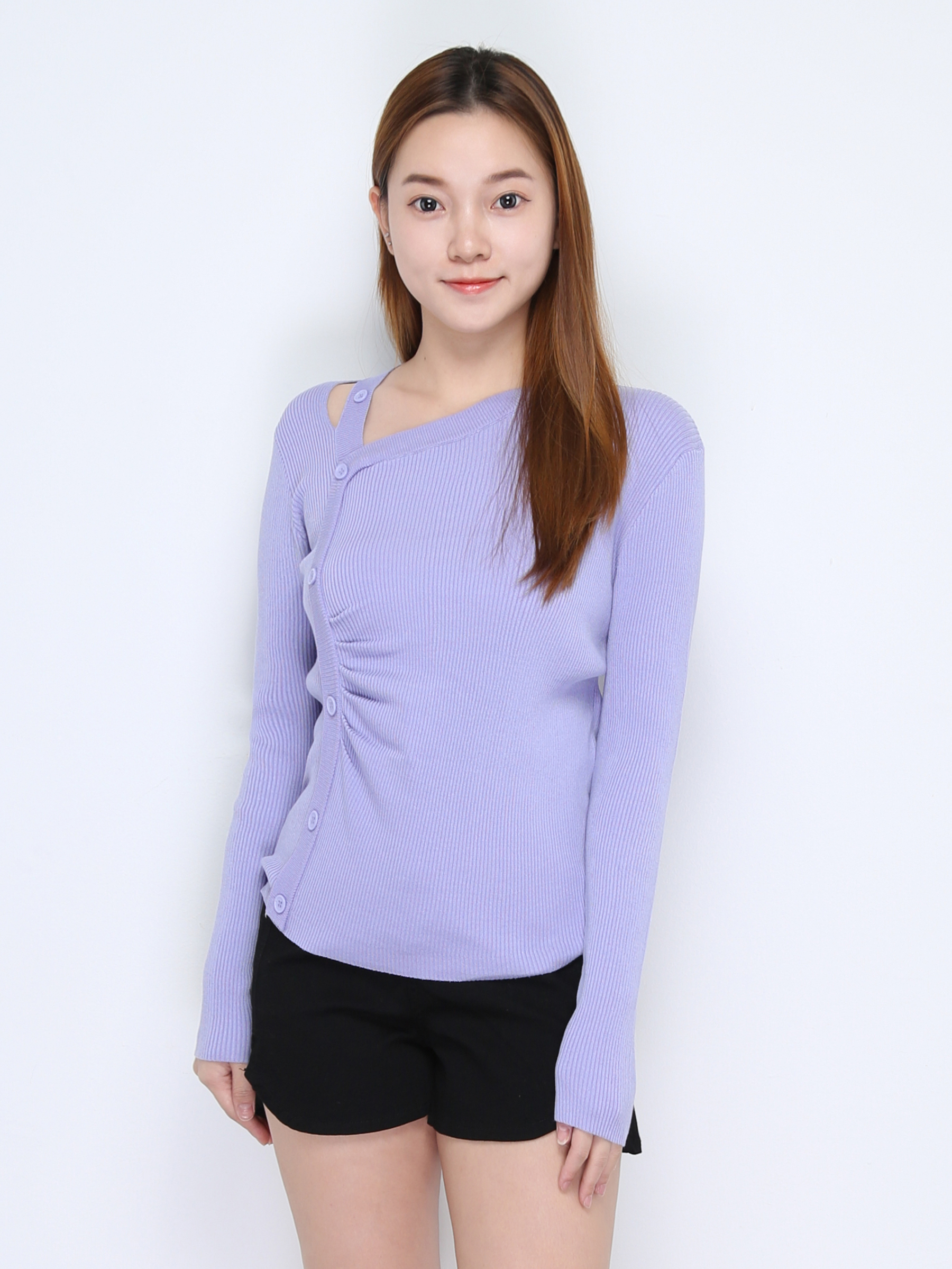 Knitted Side Button With Shoulder Hole Long Sleeve Top 22458