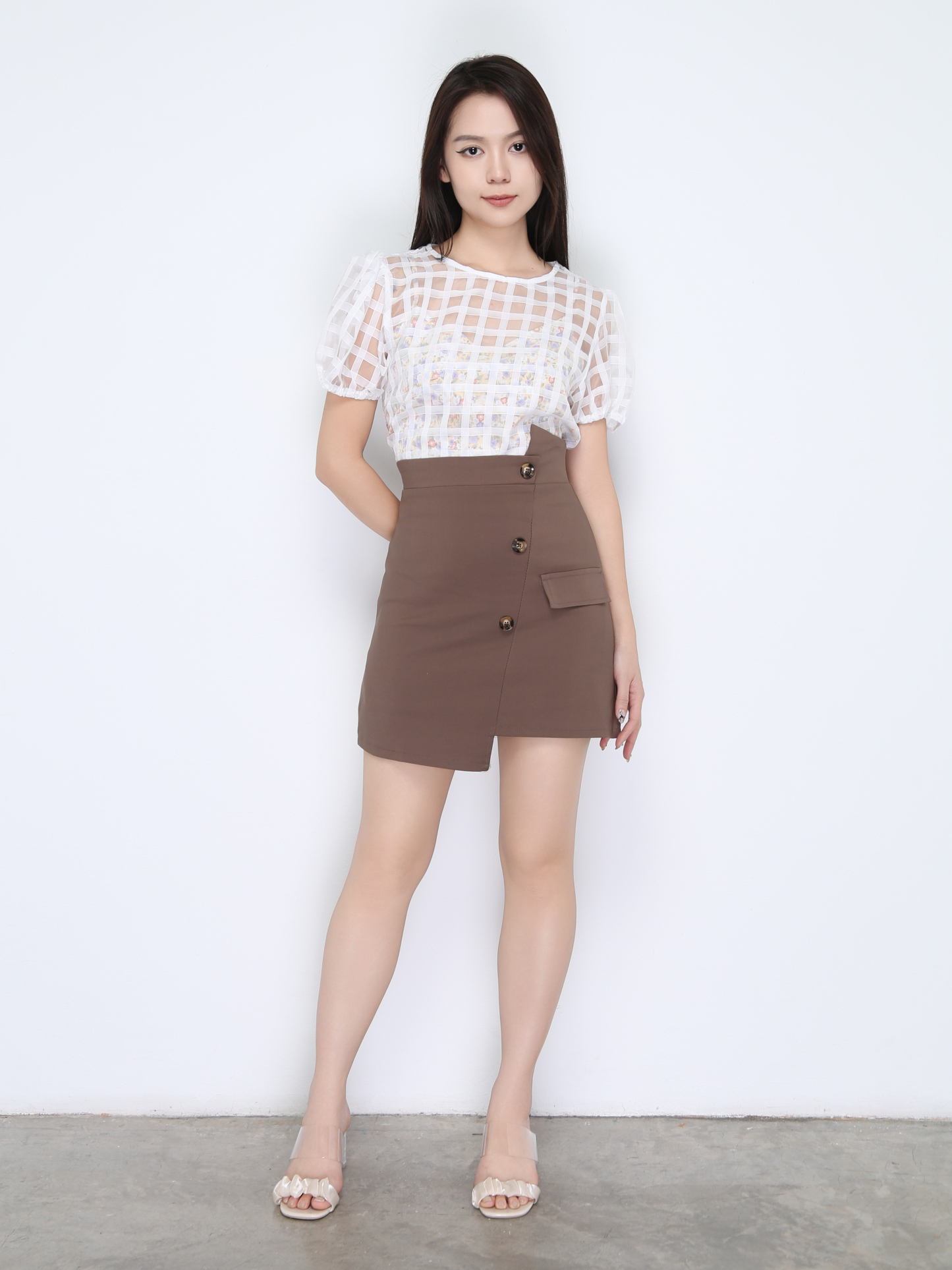 High Waist Irregular Long With Decorative Button Skirt 22462