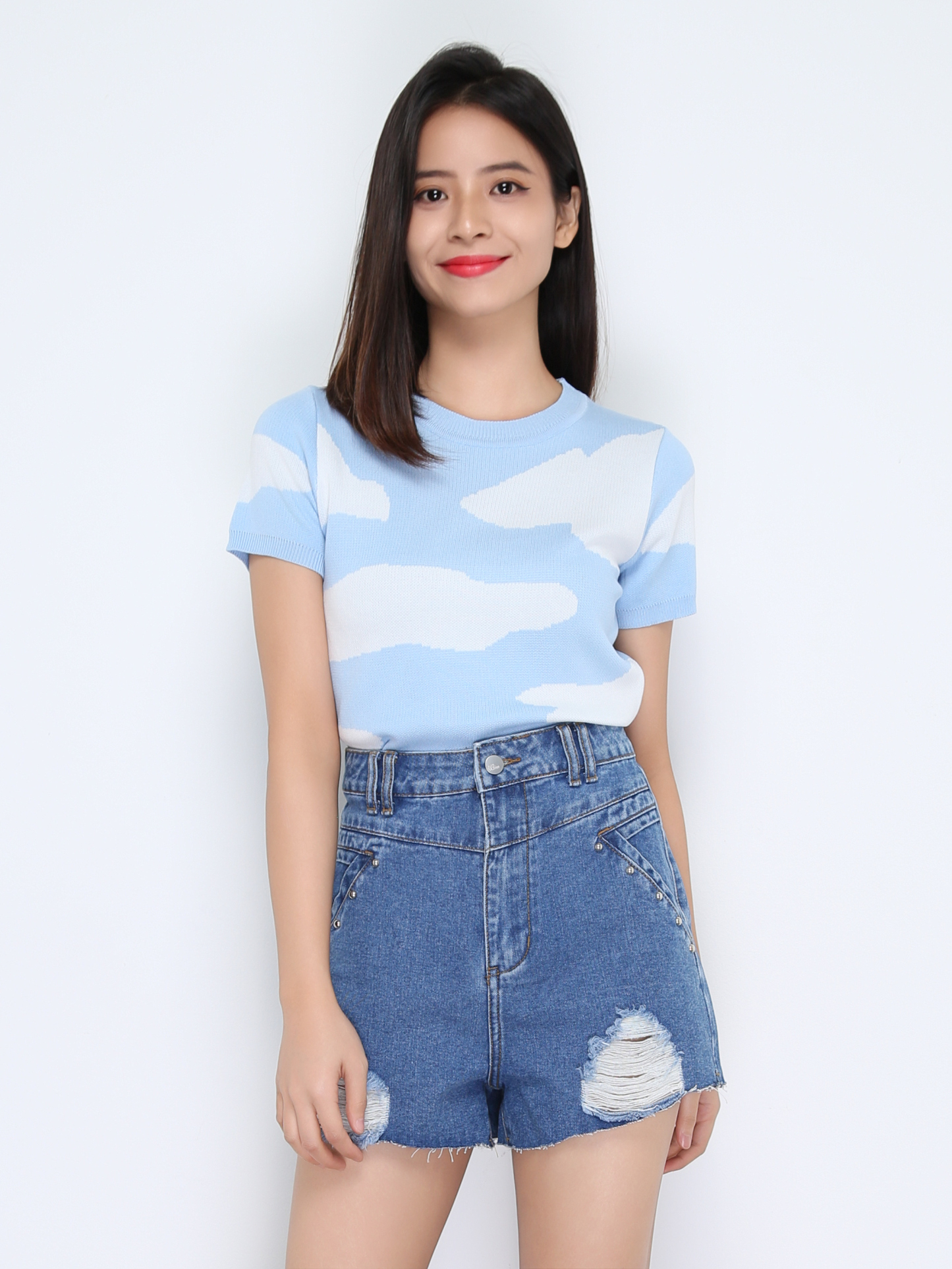 High Waist Denim Side Pocket Ripped Short Pants 22452