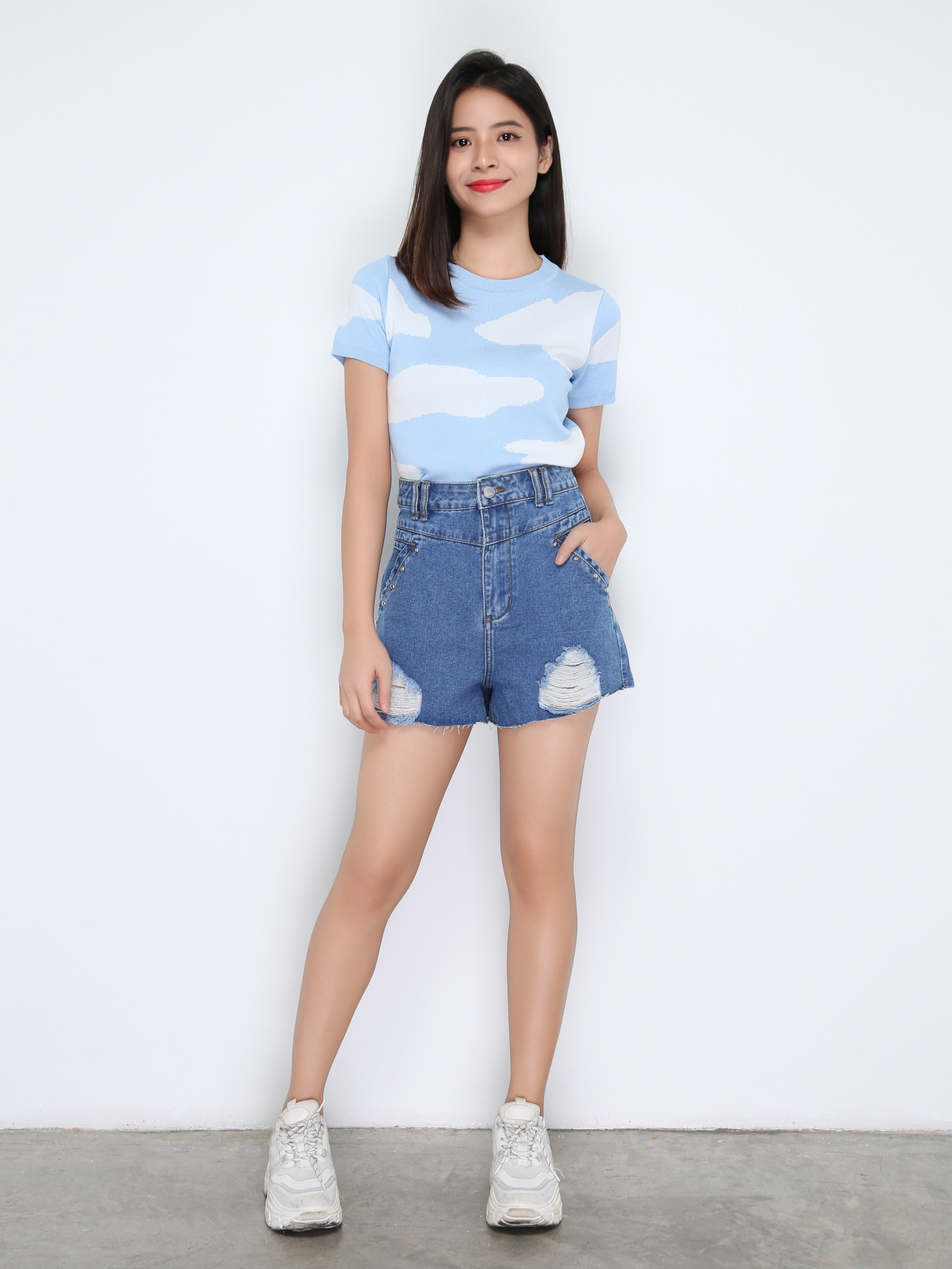 High Waist Denim Side Pocket Ripped Short Pants 22452