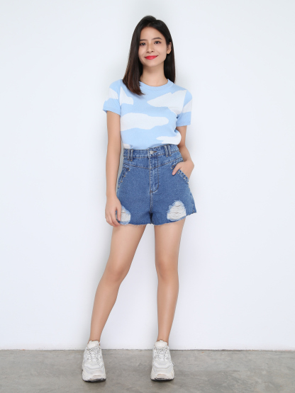 High Waist Denim Side Pocket Ripped Short Pants 22452