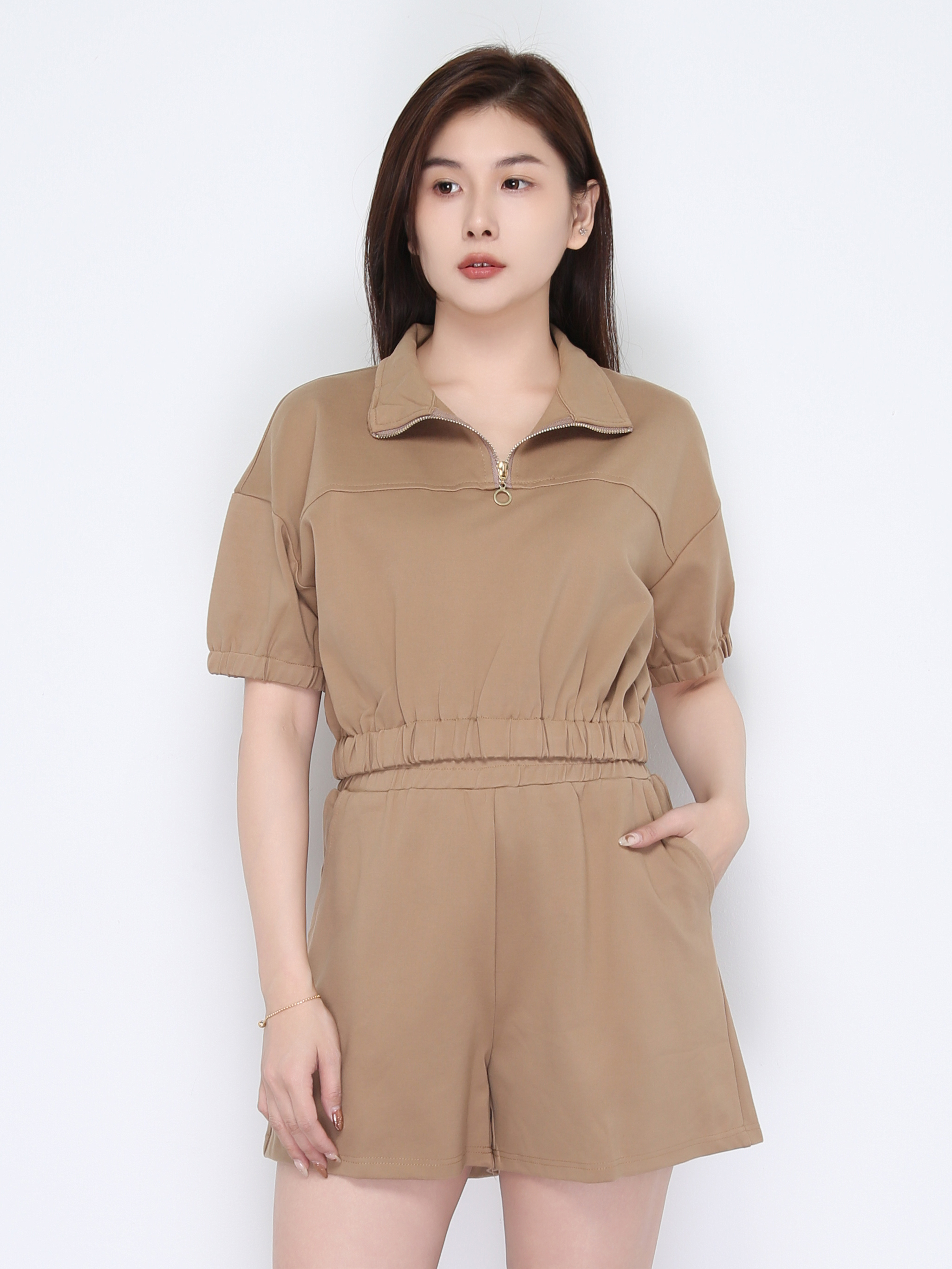 Collar Front Zip Waist Stretchable Set 22479