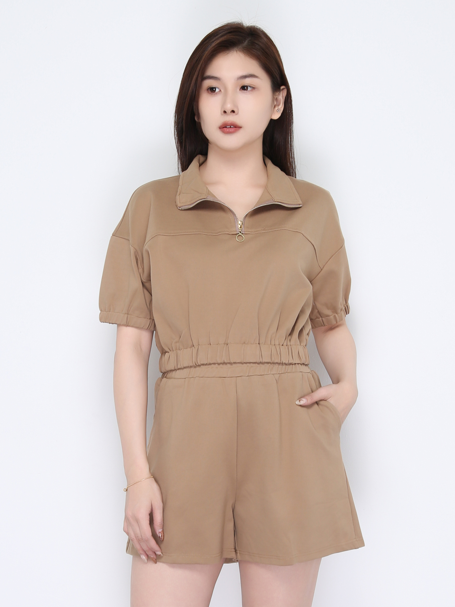 Collar Front Zip Waist Stretchable Set 22479