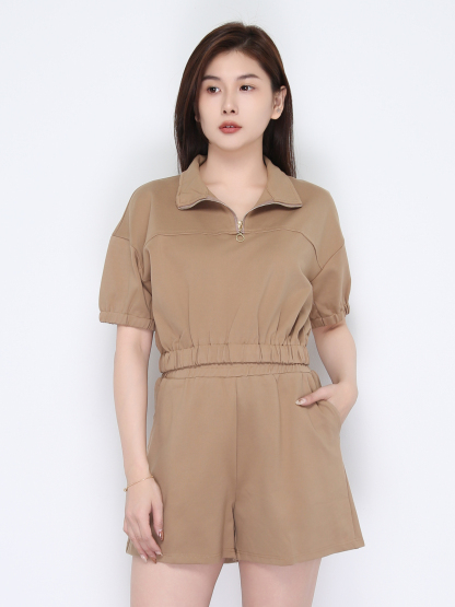 Collar Front Zip Waist Stretchable Set 22479