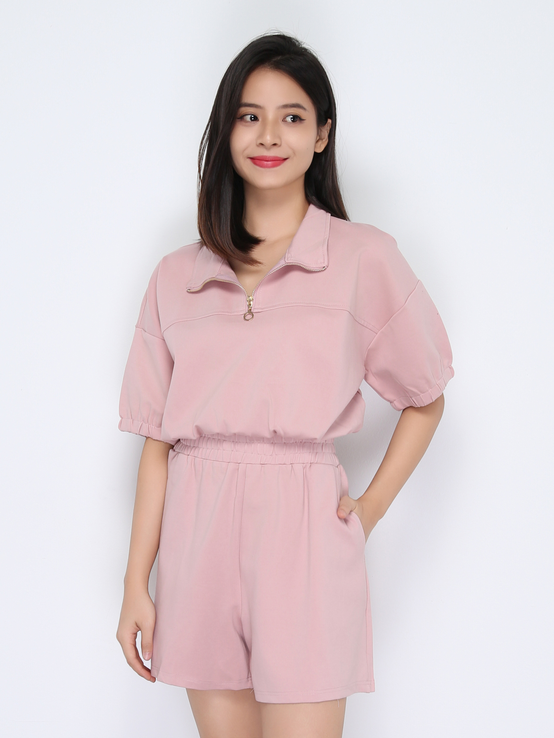 Collar Front Zip Waist Stretchable Set 22479