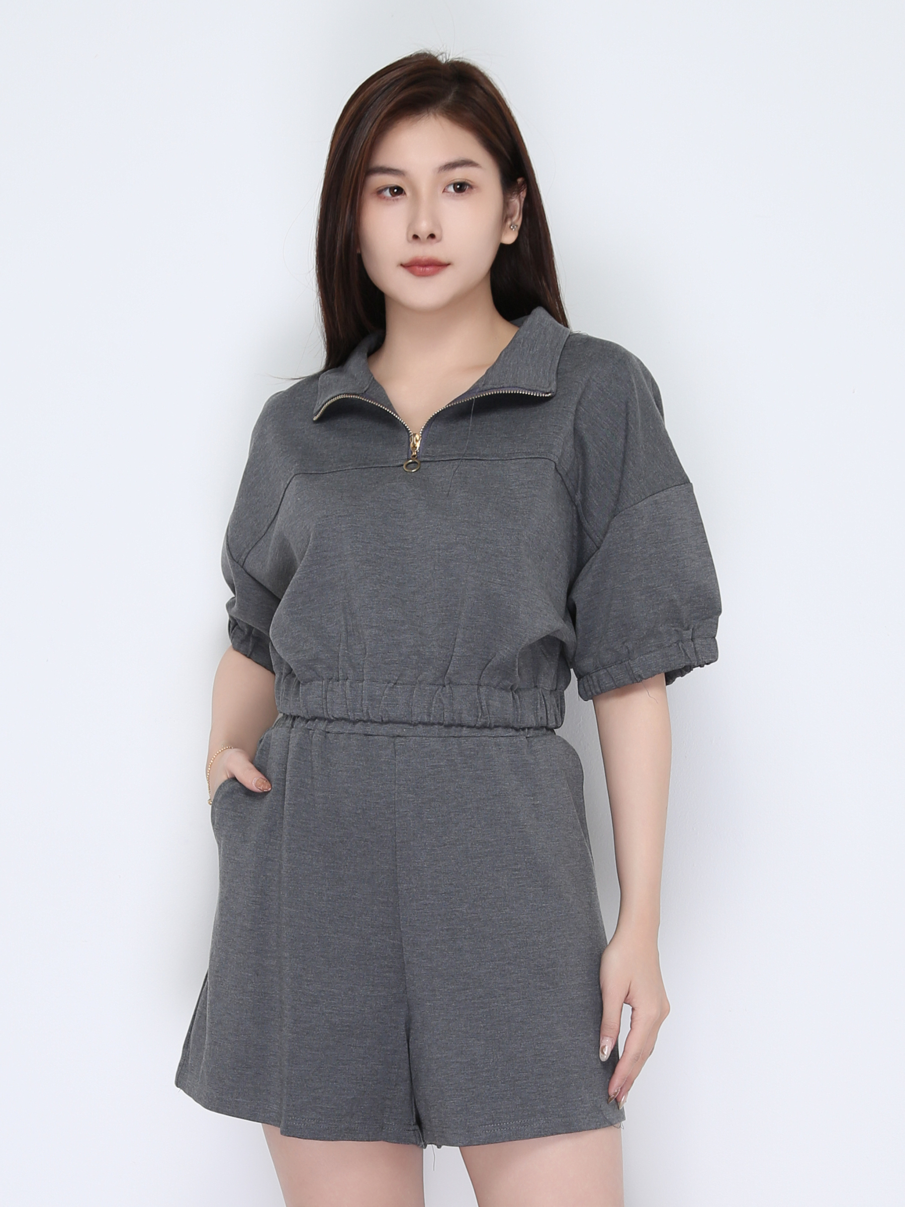 Collar Front Zip Waist Stretchable Set 22479