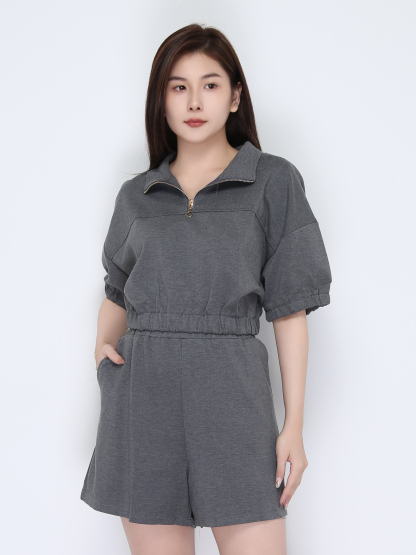 Collar Front Zip Waist Stretchable Set 22479