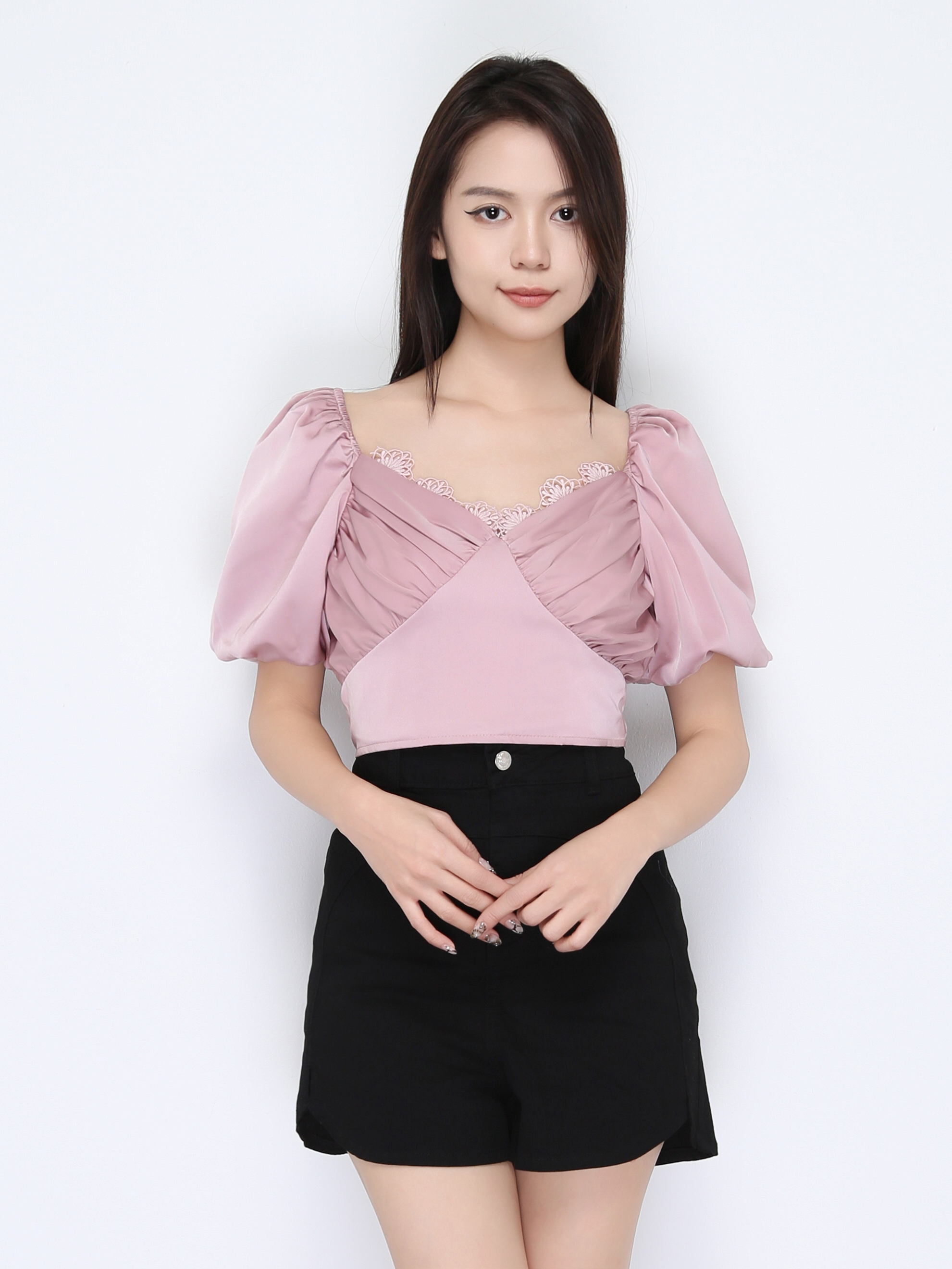 Puff Sleeve Pleated Lacce Top 22492