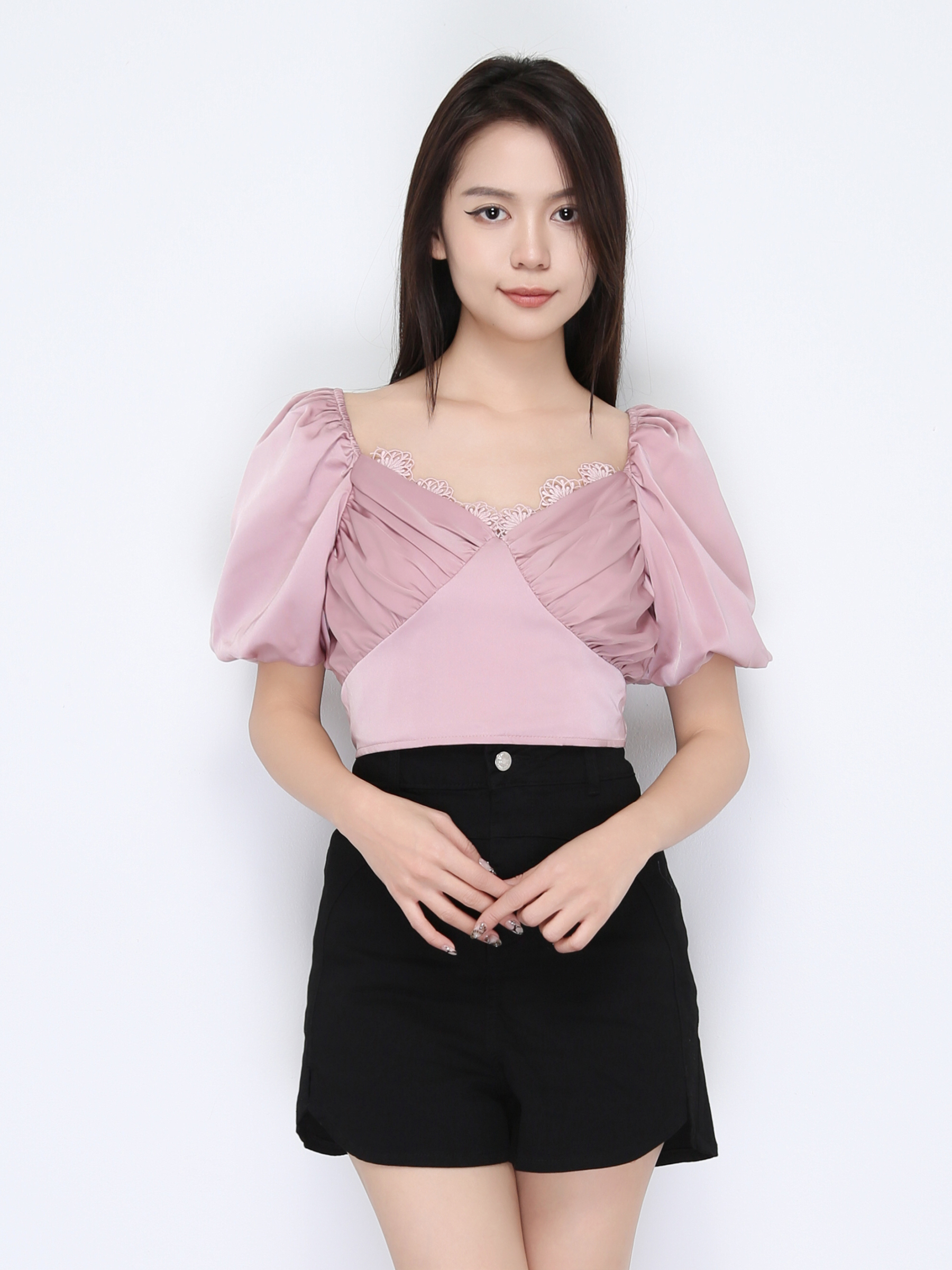 Puff Sleeve Pleated Lacce Top 22492