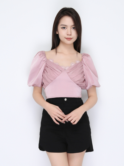 Puff Sleeve Pleated Lacce Top 22492