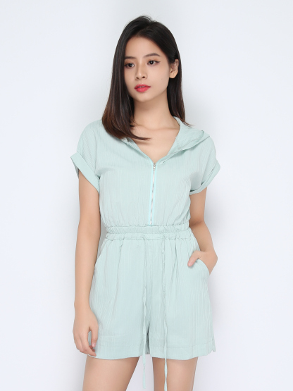 Wrinkled Cap With Front Zip Waist Drawstring Jumpsuit 22515