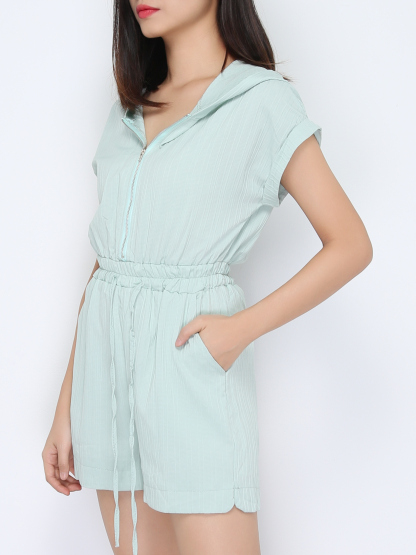 Wrinkled Cap With Front Zip Waist Drawstring Jumpsuit 22515