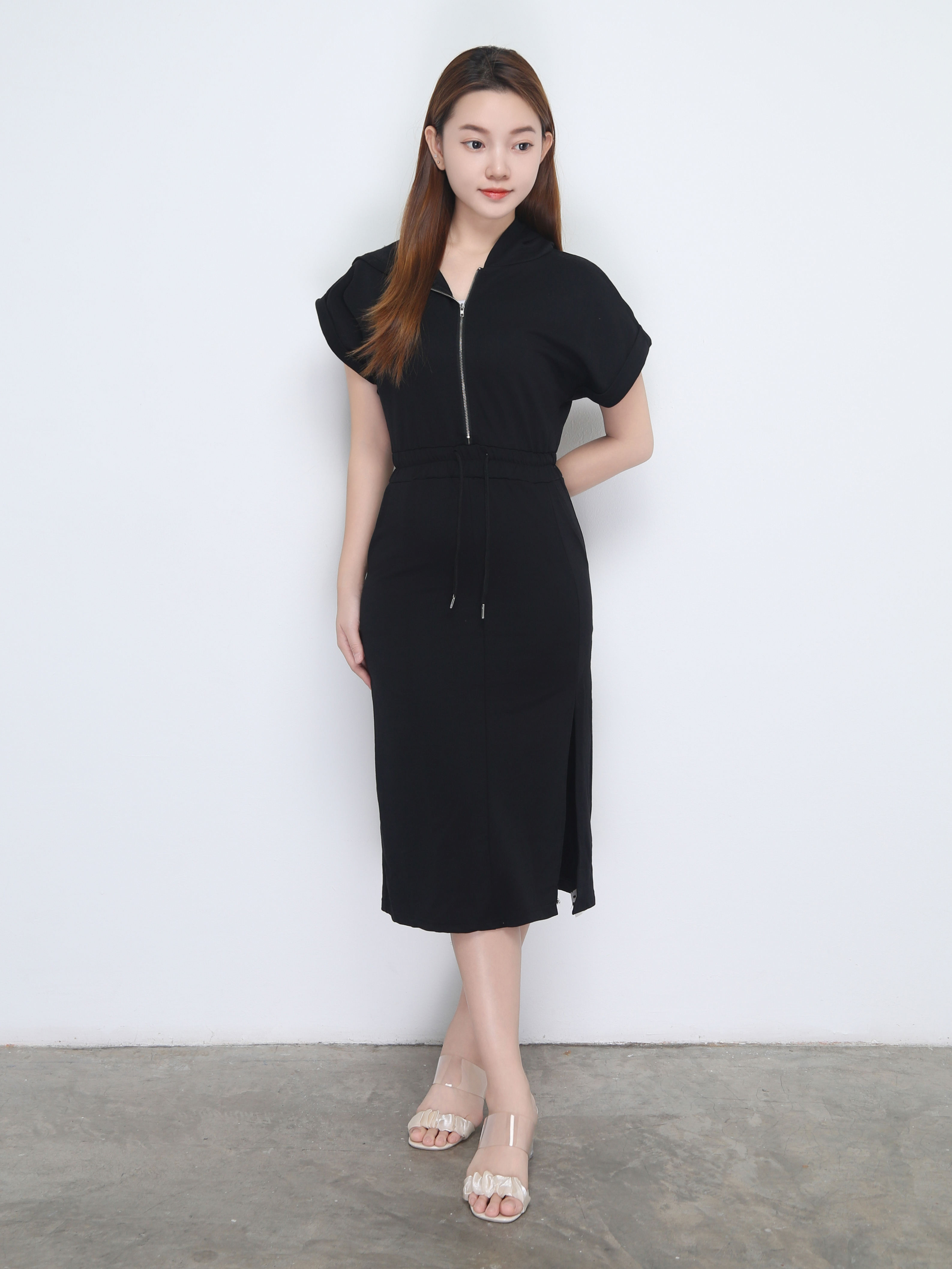 Cap With Front Zip Waist Drawstring Side Split Jumpsuit 22517