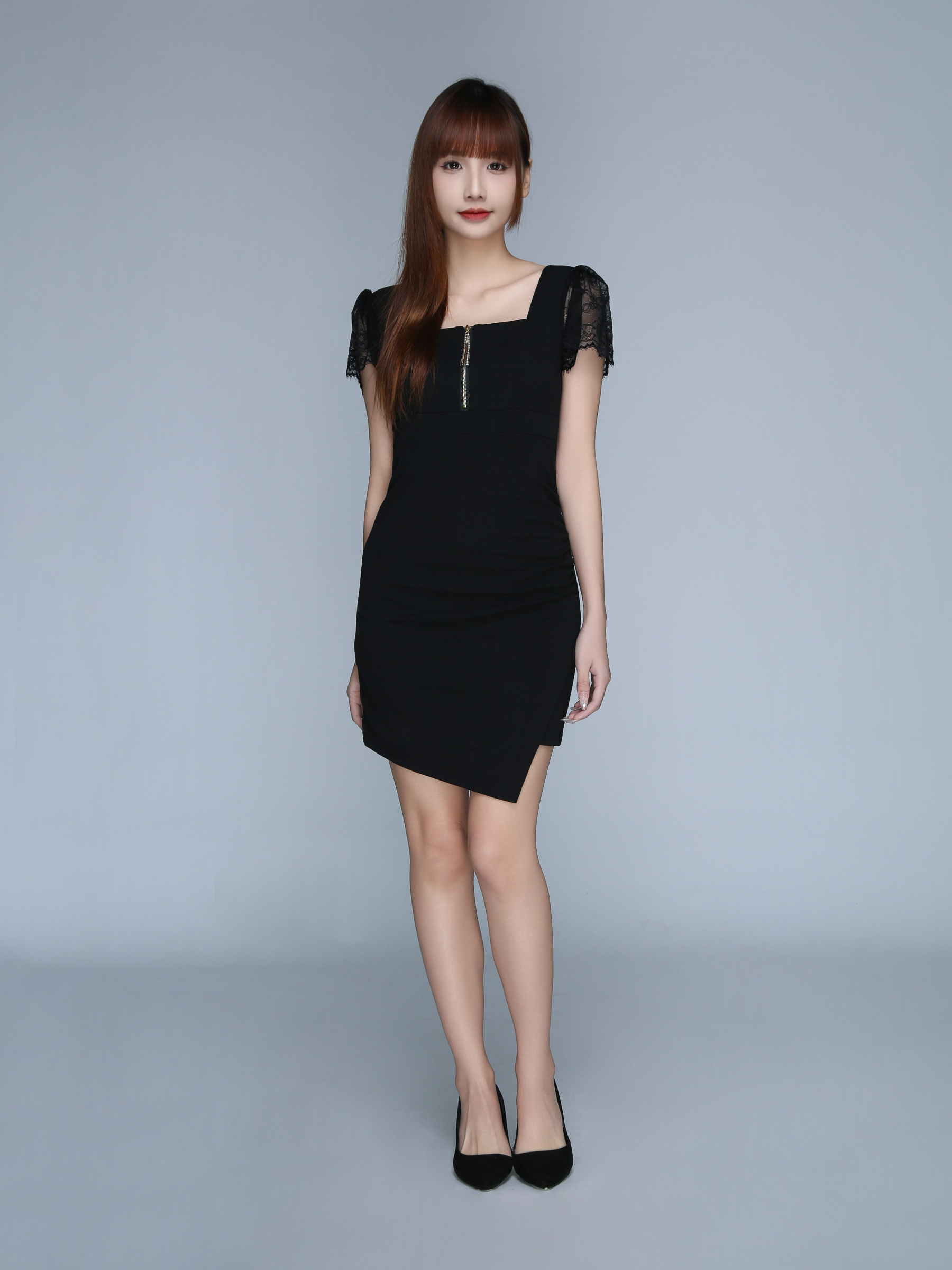 Square Neck Lace Layered Front Zip Dress 22519