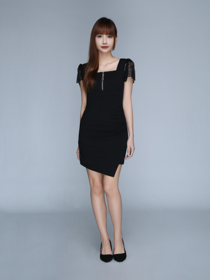 Square Neck Lace Layered Front Zip Dress 22519