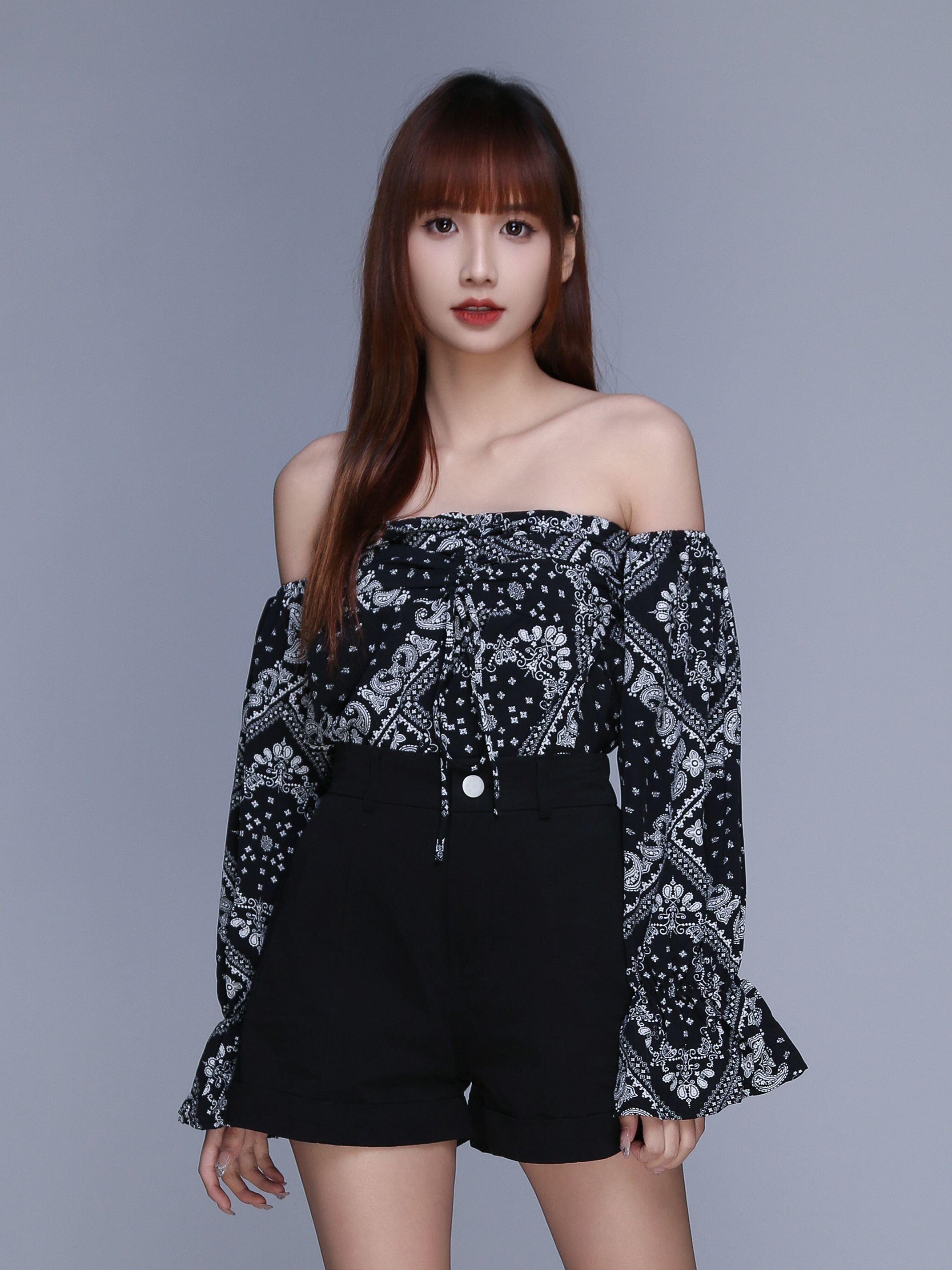 Off Shoulder Long Sleeve Abstract Top 22534