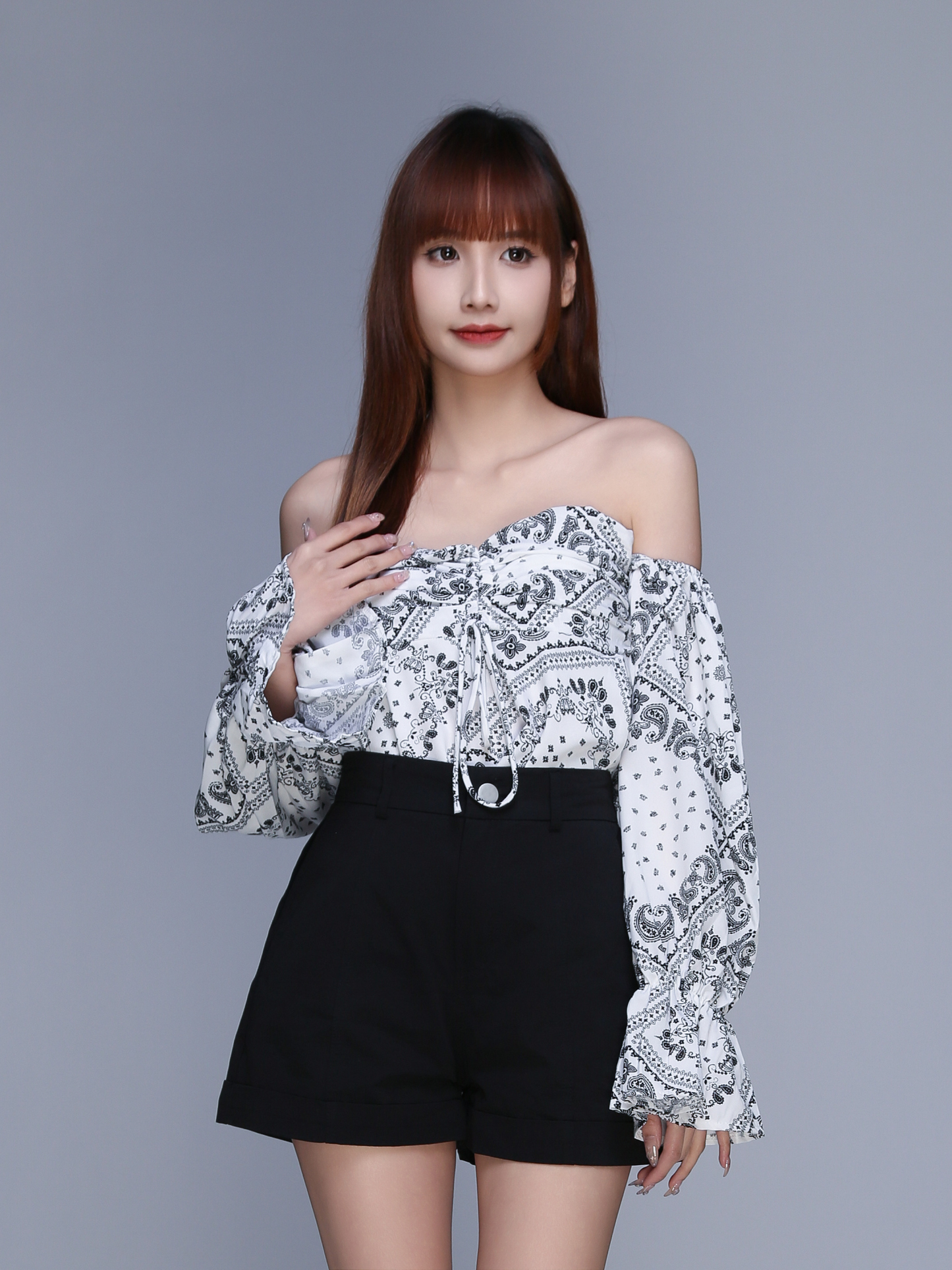 Off Shoulder Long Sleeve Abstract Top 22534