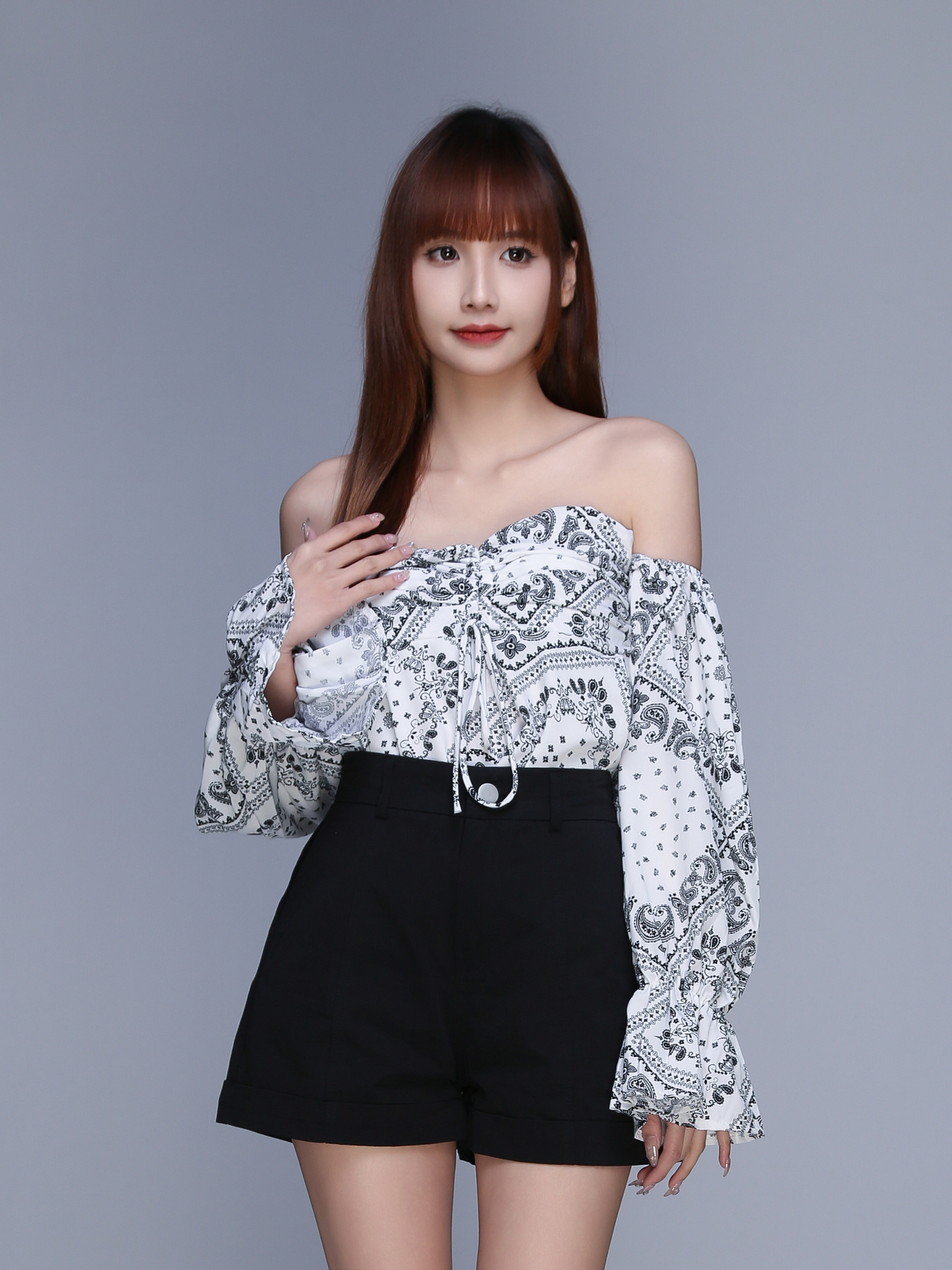Off Shoulder Long Sleeve Abstract Top 22534