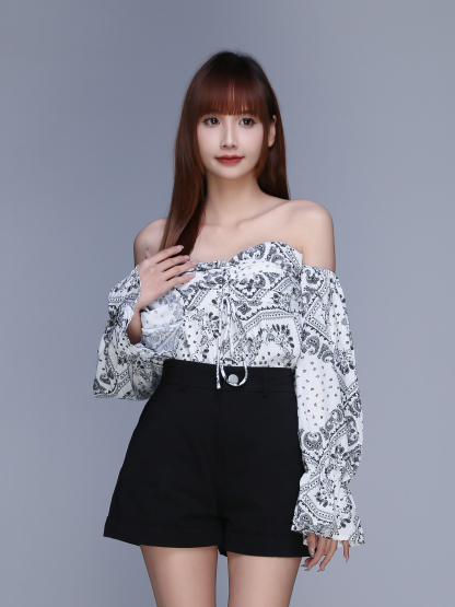 Off Shoulder Long Sleeve Abstract Top 22534