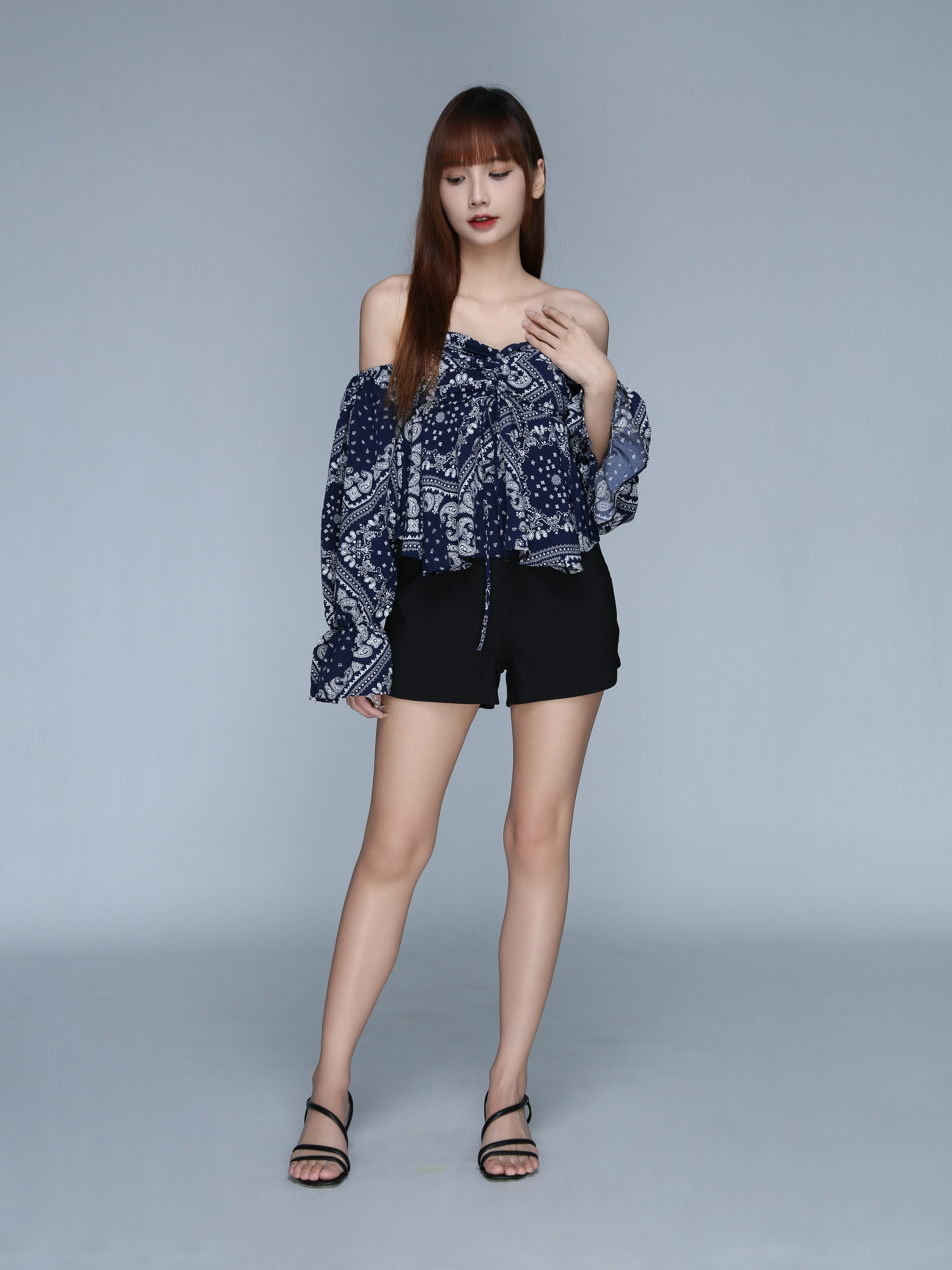 Off Shoulder Long Sleeve Abstract Top 22534