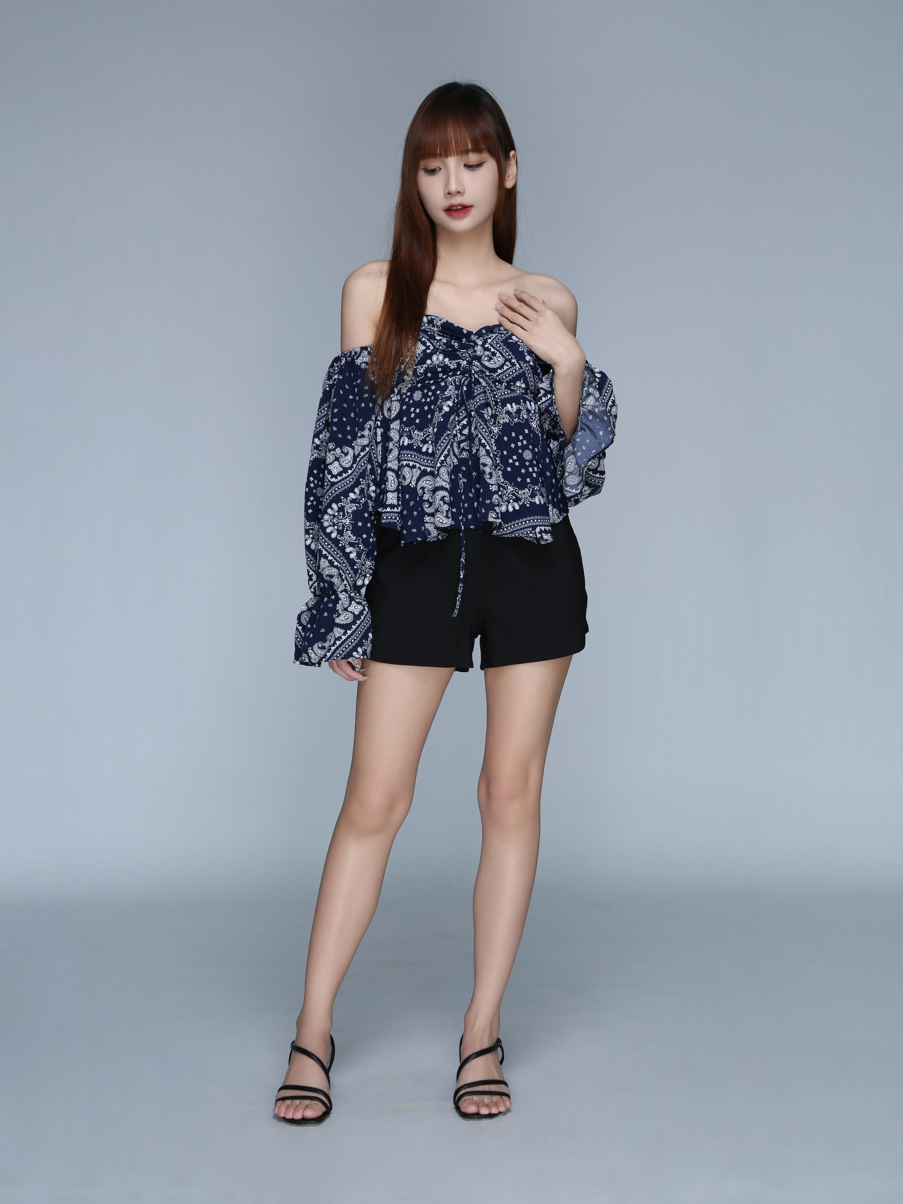 Off Shoulder Long Sleeve Abstract Top 22534