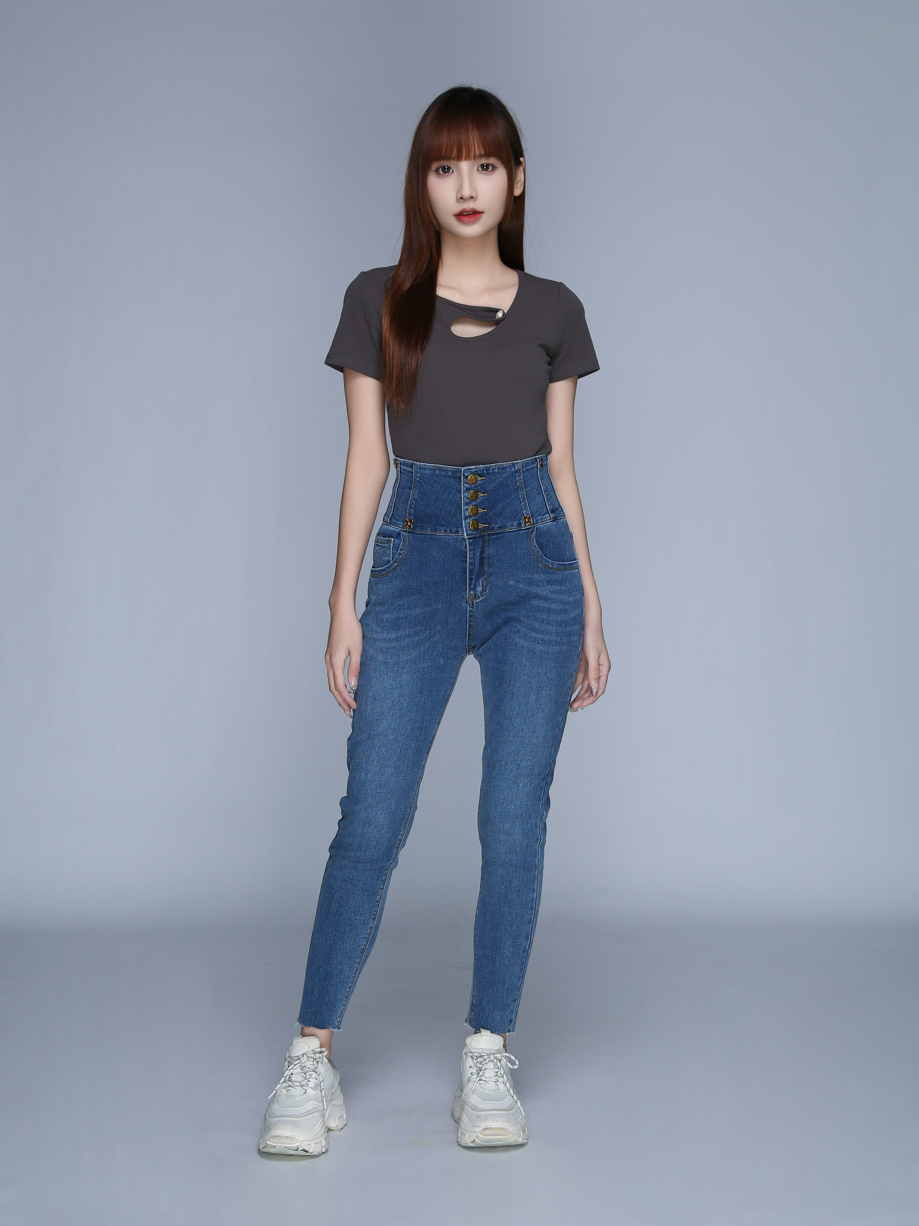 High Waist Denim Breated Button Long Pants 22915