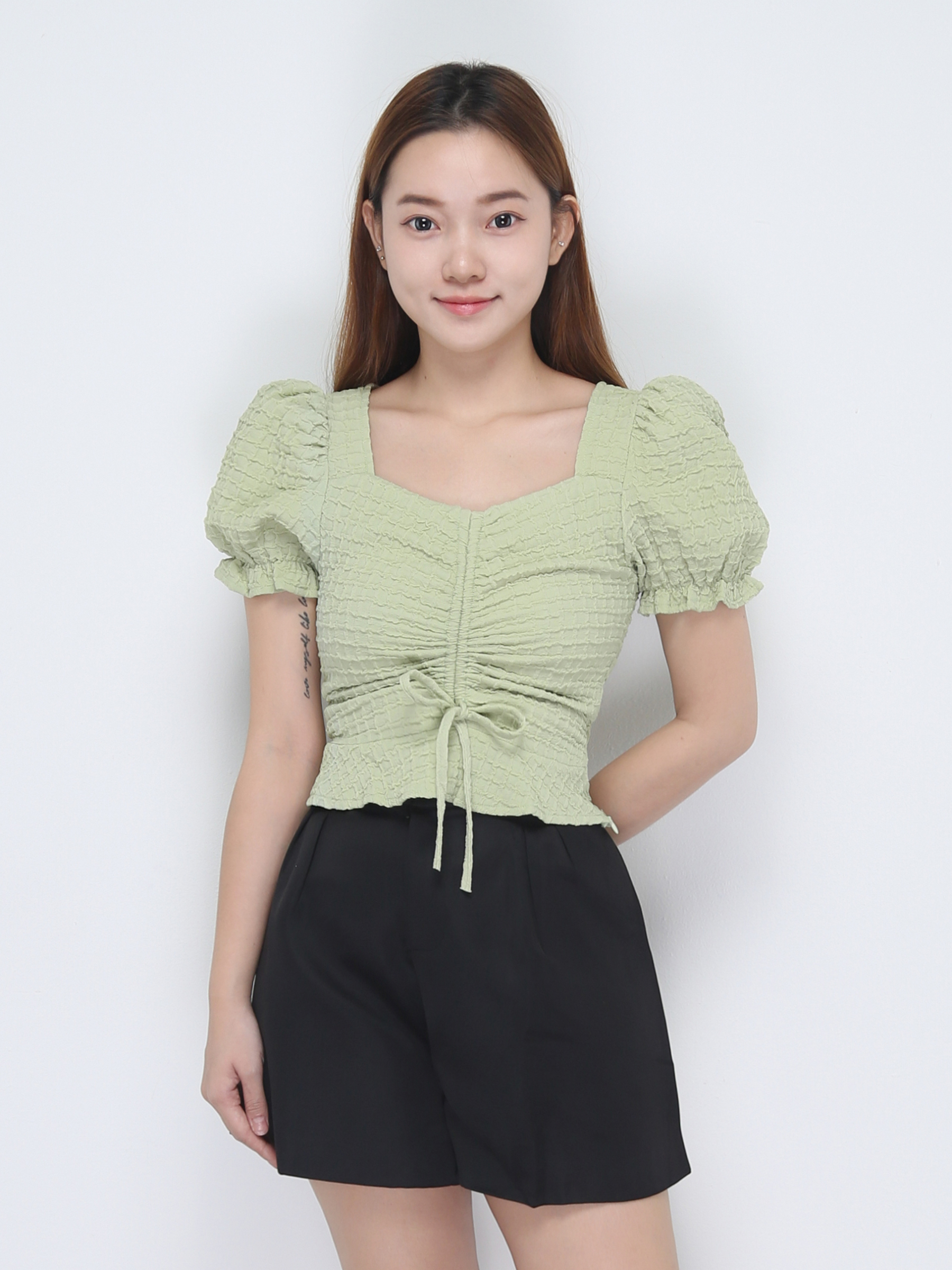 Puff Sleeve Front Drawstring Top 22583