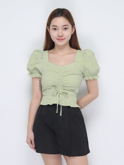 Puff Sleeve Front Drawstring Top 22583