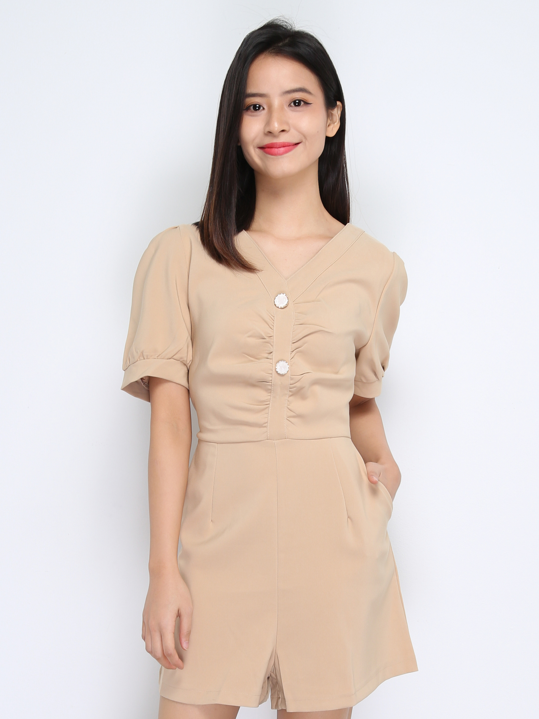 Long Puff Sleeve Back Zip Front Button Dress 22620