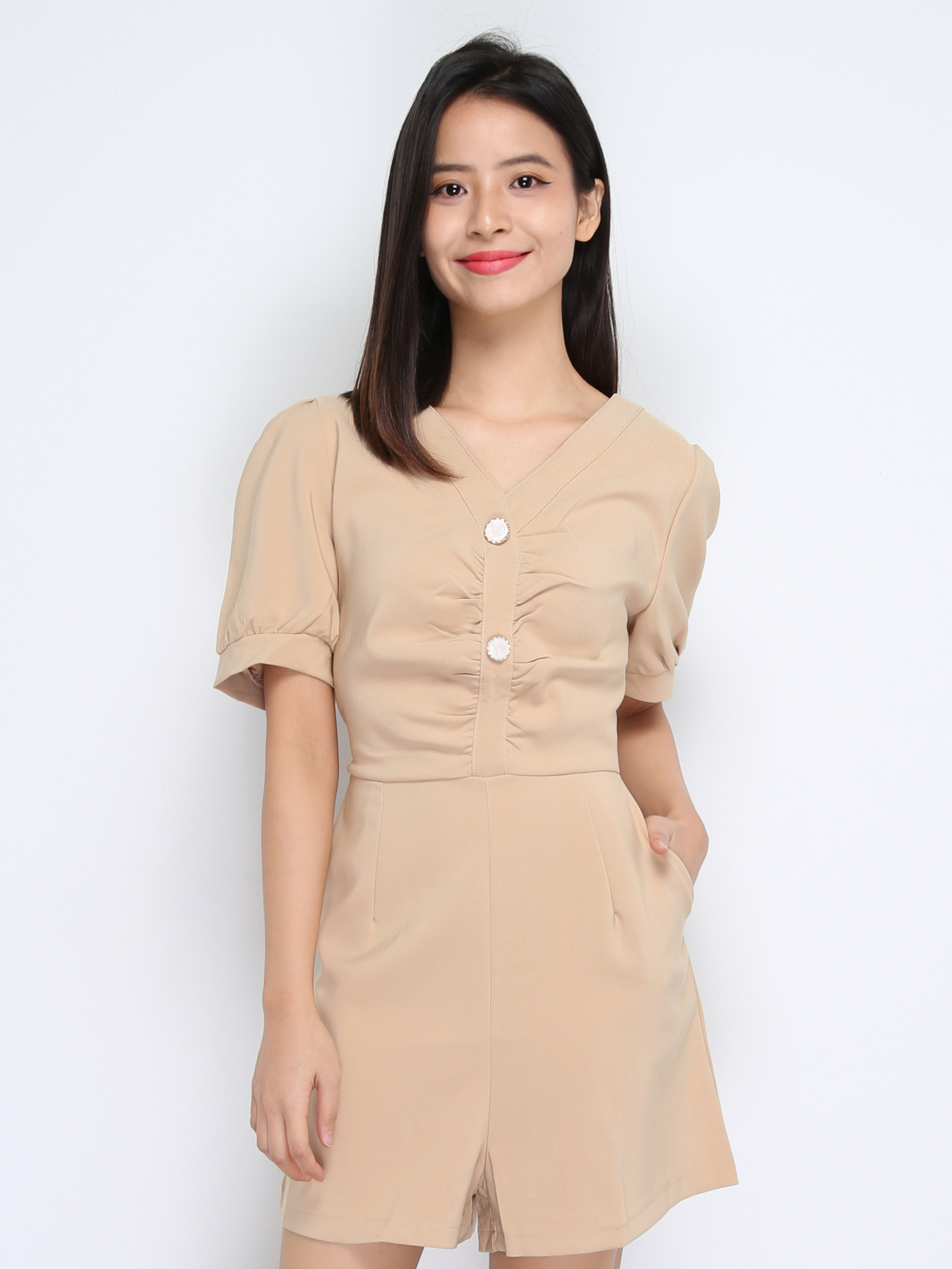 Long Puff Sleeve Back Zip Front Button Dress 22620