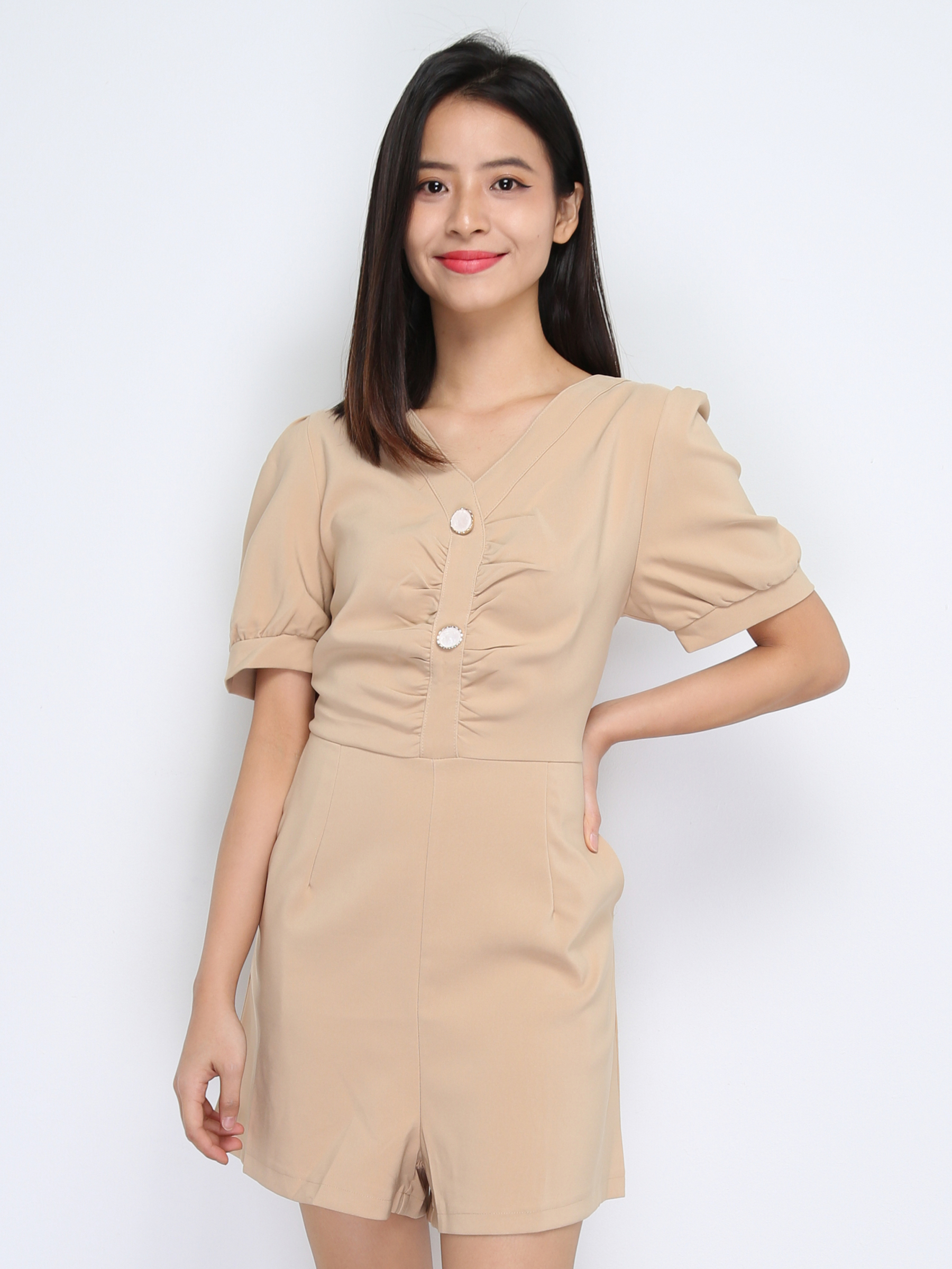 Long Puff Sleeve Back Zip Front Button Dress 22620