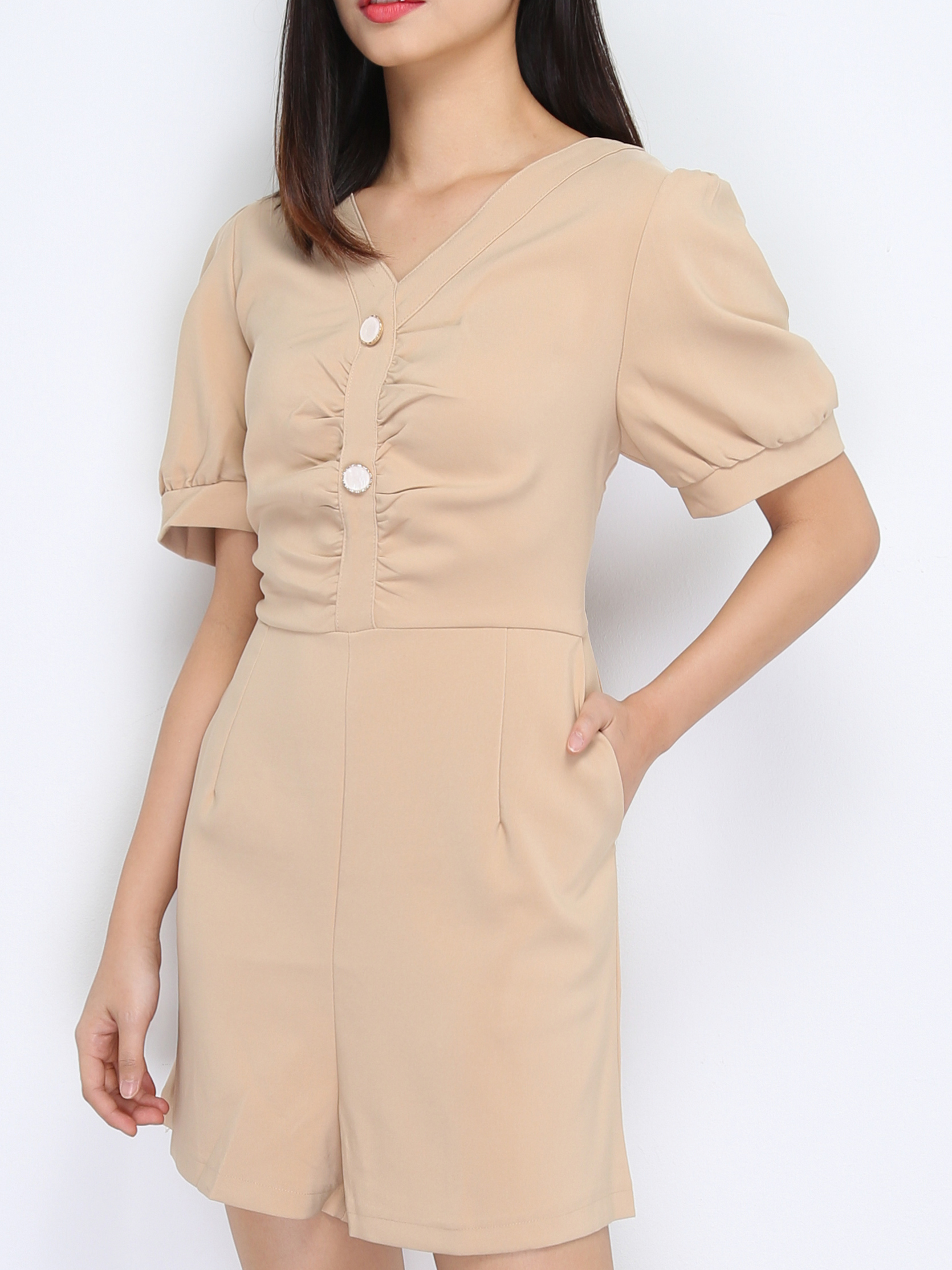 Long Puff Sleeve Back Zip Front Button Dress 22620