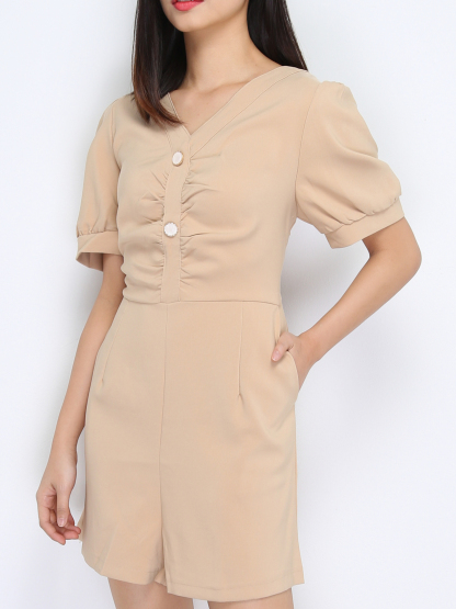 Long Puff Sleeve Back Zip Front Button Dress 22620