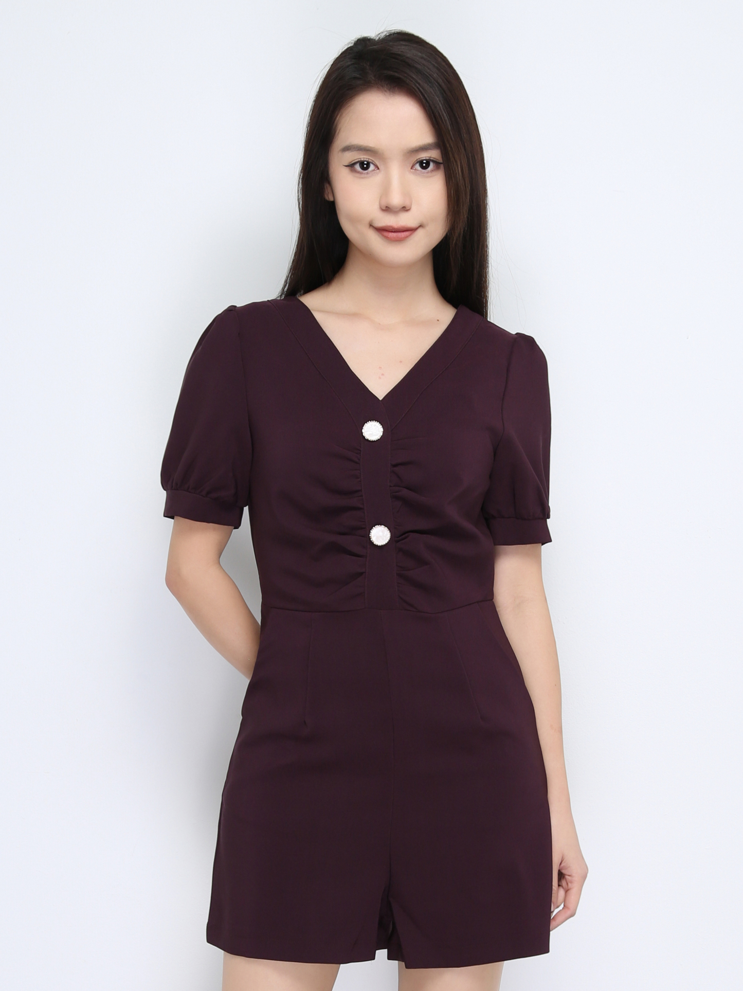 Long Puff Sleeve Back Zip Front Button Dress 22620