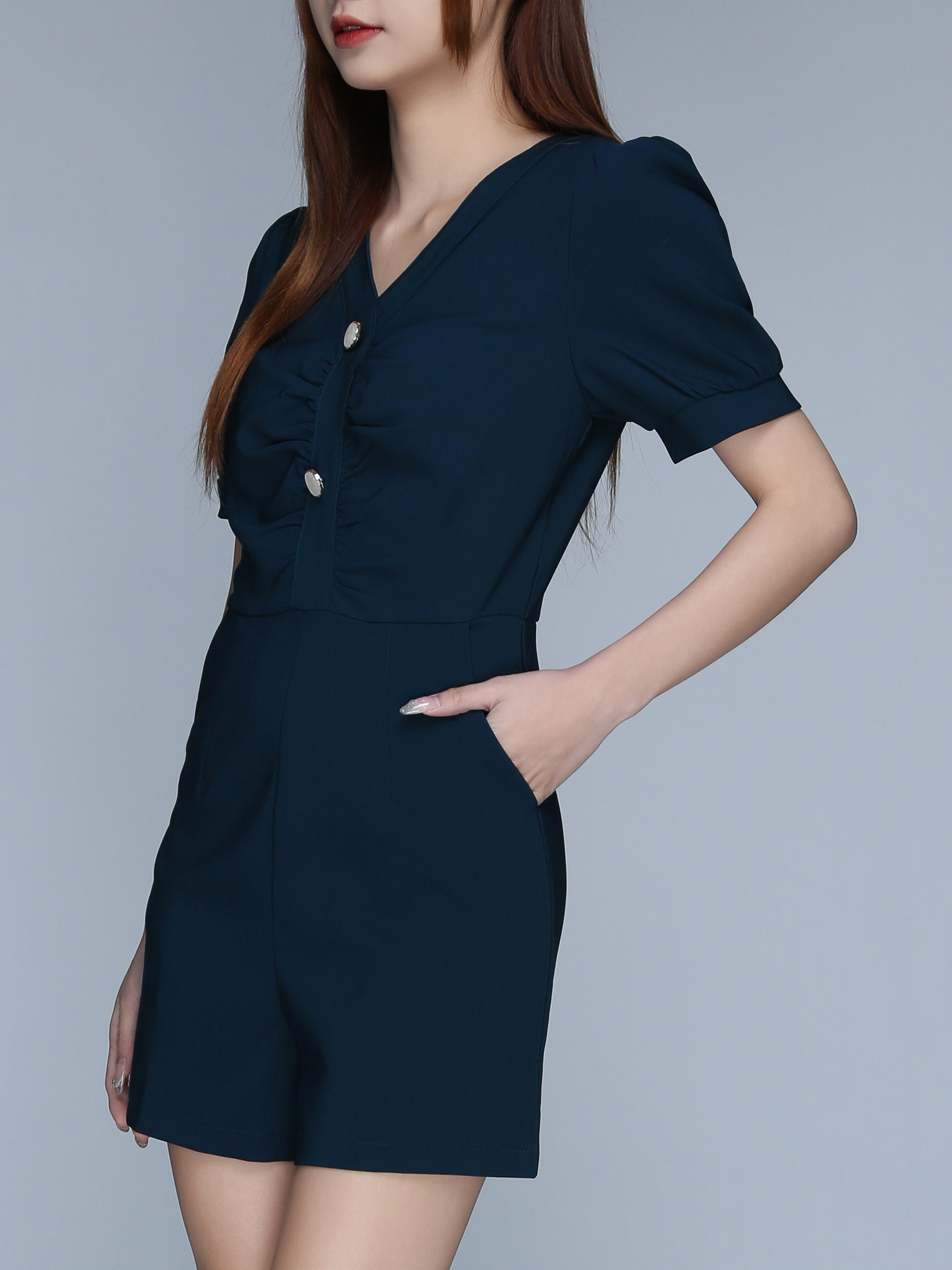 Long Puff Sleeve Back Zip Front Button Dress 22620