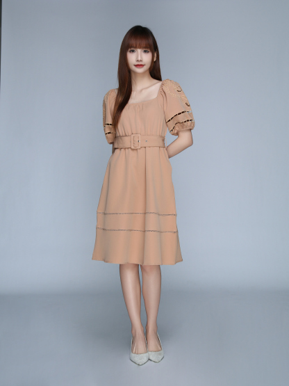 Puff Sleeve With Belt Dress 22634