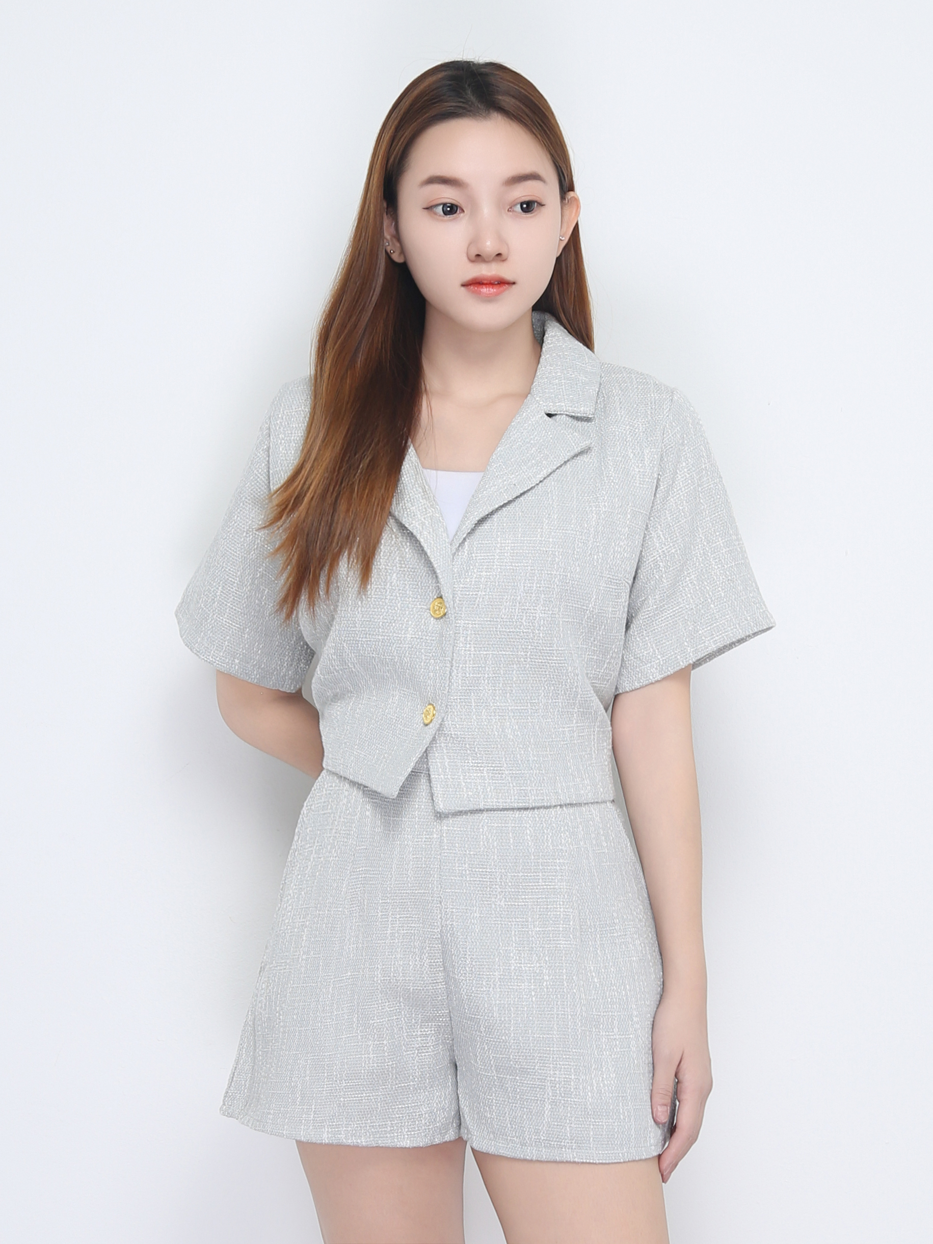 Front Button Notched Collar Top With Short Pant Set 22672