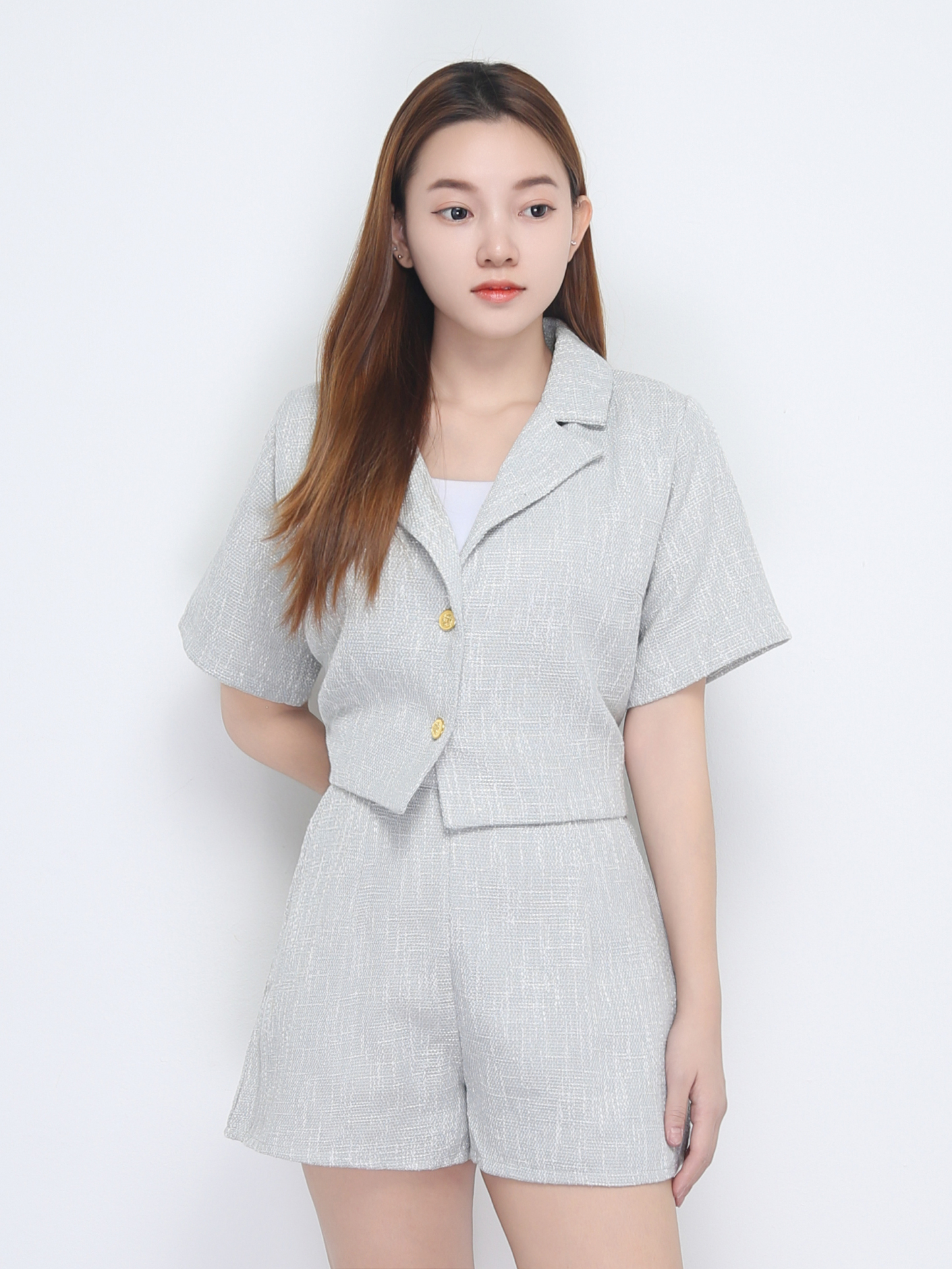 Front Button Notched Collar Top With Short Pant Set 22672