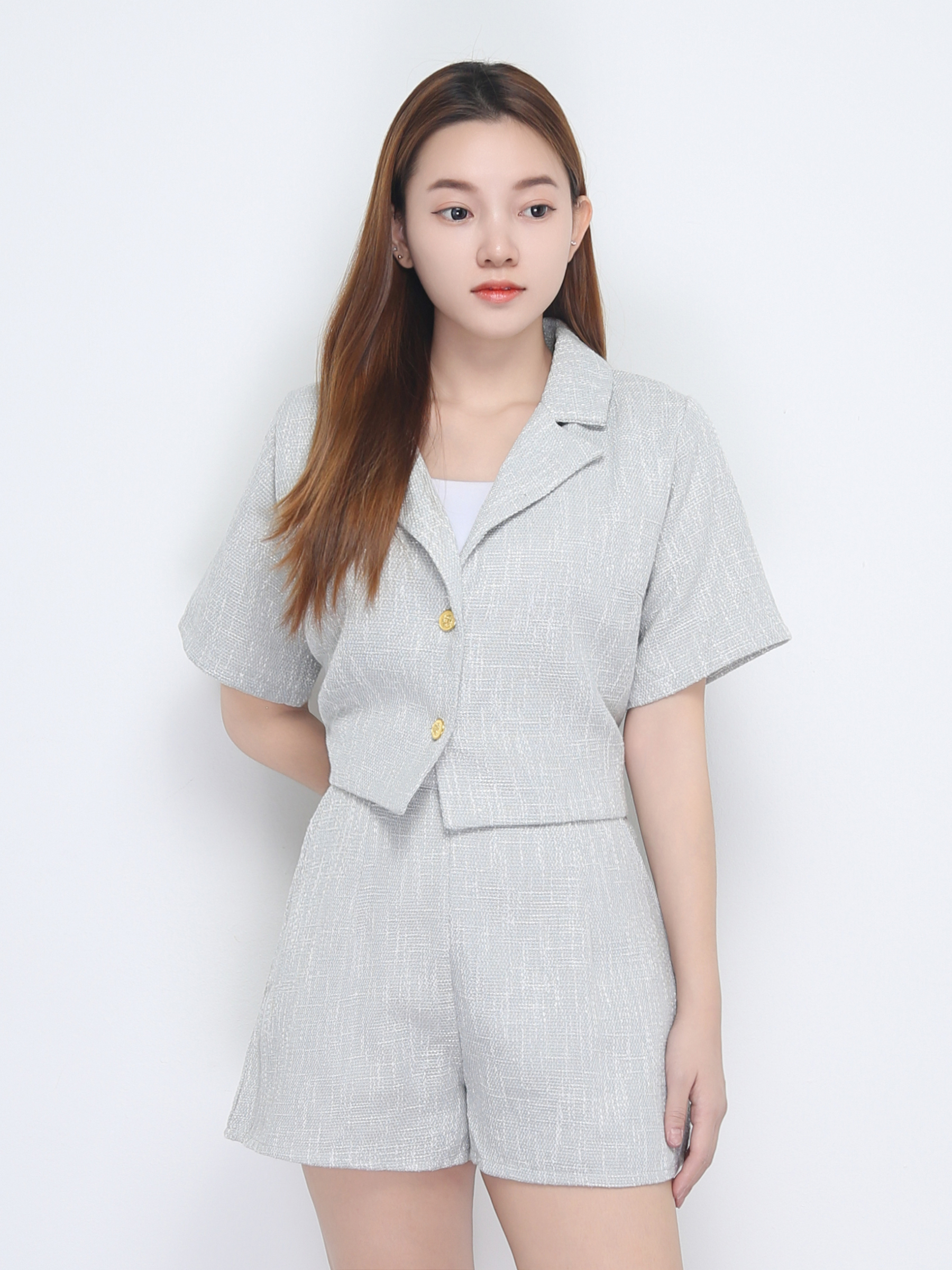 Front Button Notched Collar Top With Short Pant Set 22672