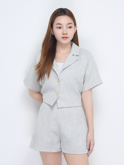 Front Button Notched Collar Top With Short Pant Set 22672