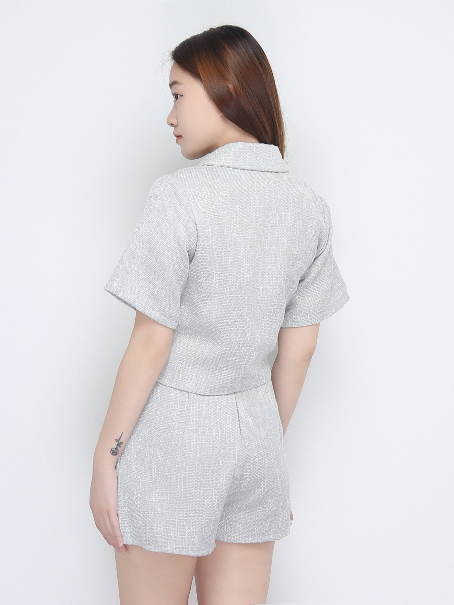 Front Button Notched Collar Top With Short Pant Set 22672