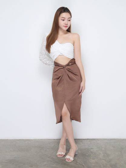 Pleated Back Zip Split Midi Skirt 22688